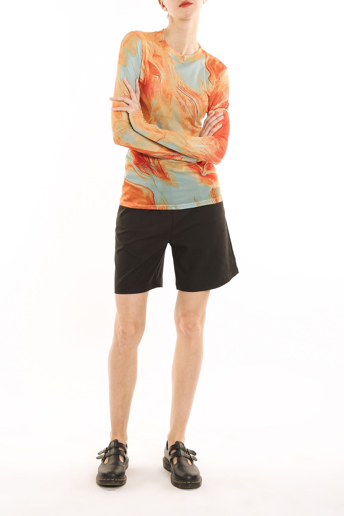 Abstract Swirl Printed Long Sleeves Mesh Shirt