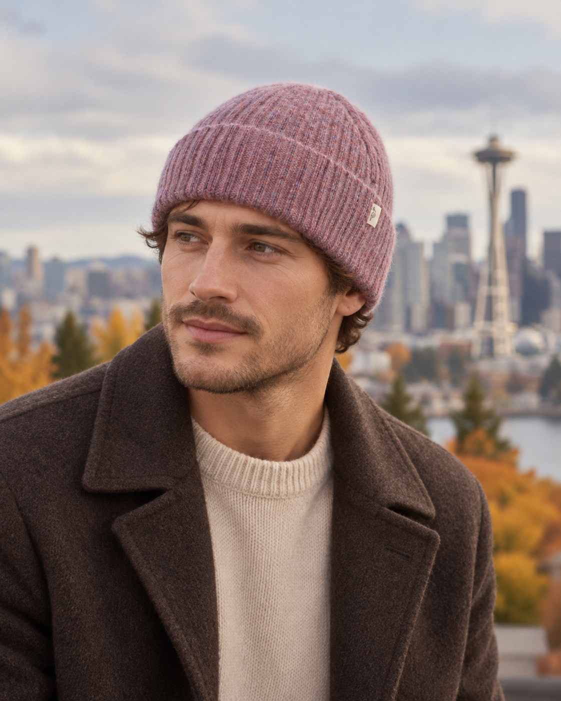 Les Deux Rose Ribbed Beanie on model - front view in Seattle