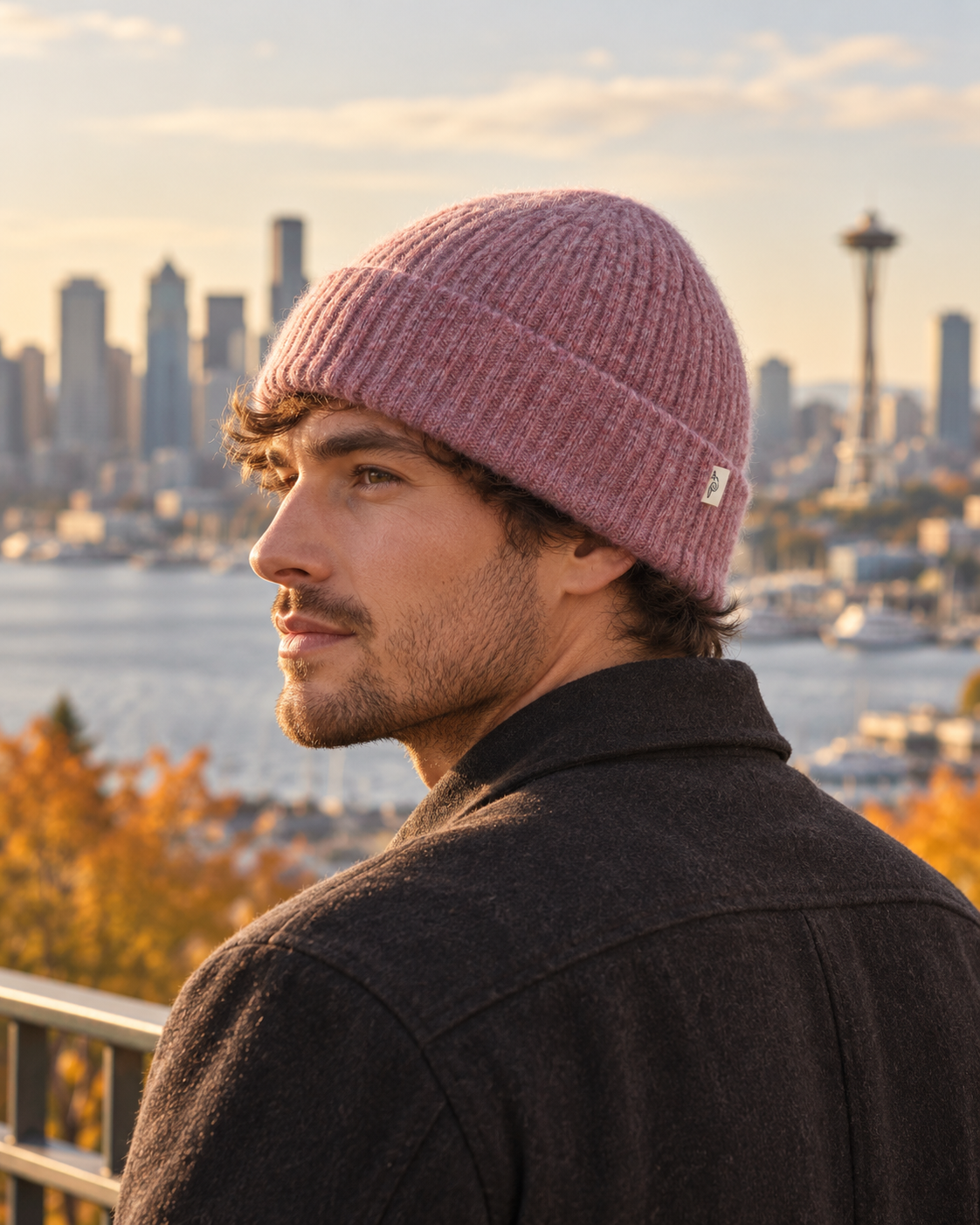 Les Deux Rose Ribbed Beanie on model - side view in Seattle