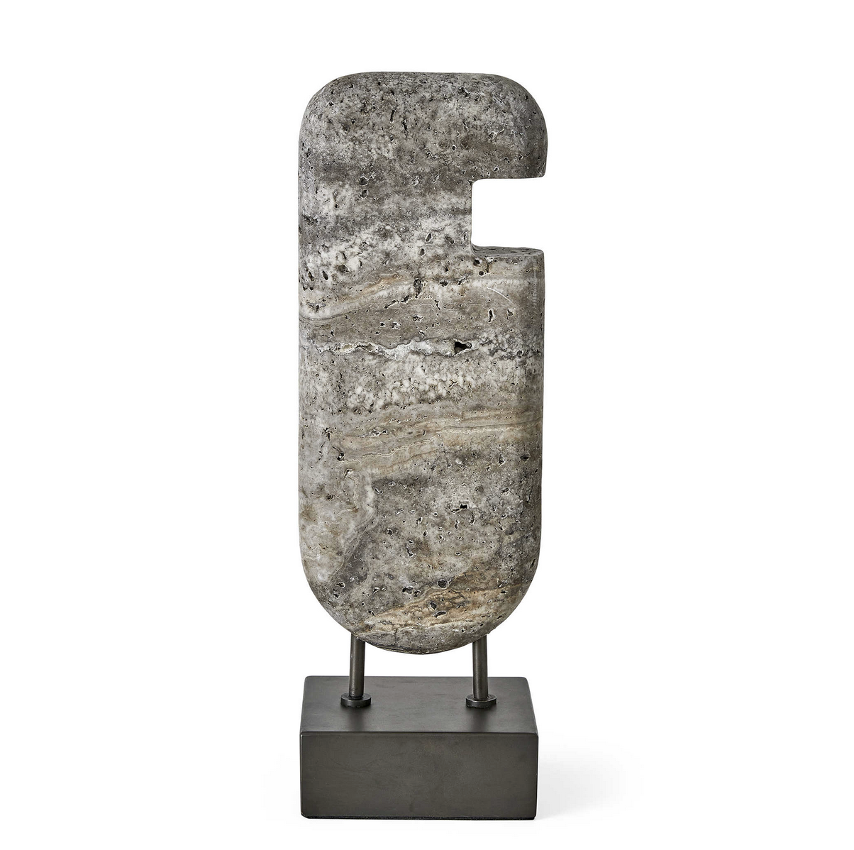 Icon-inspired and carved of gray unfilled travertine, this work is set on a bronzed steel base for a study in contrasts. Textured vs smooth, cool vs warm: the interplay invites a closer look whether displayed alone or as part of a grouping.