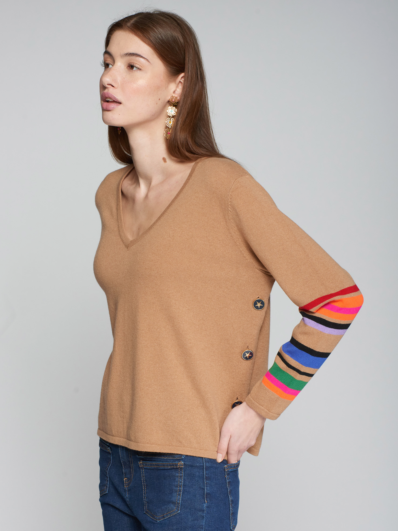 Beige Side Button Sweater by Vilagallo