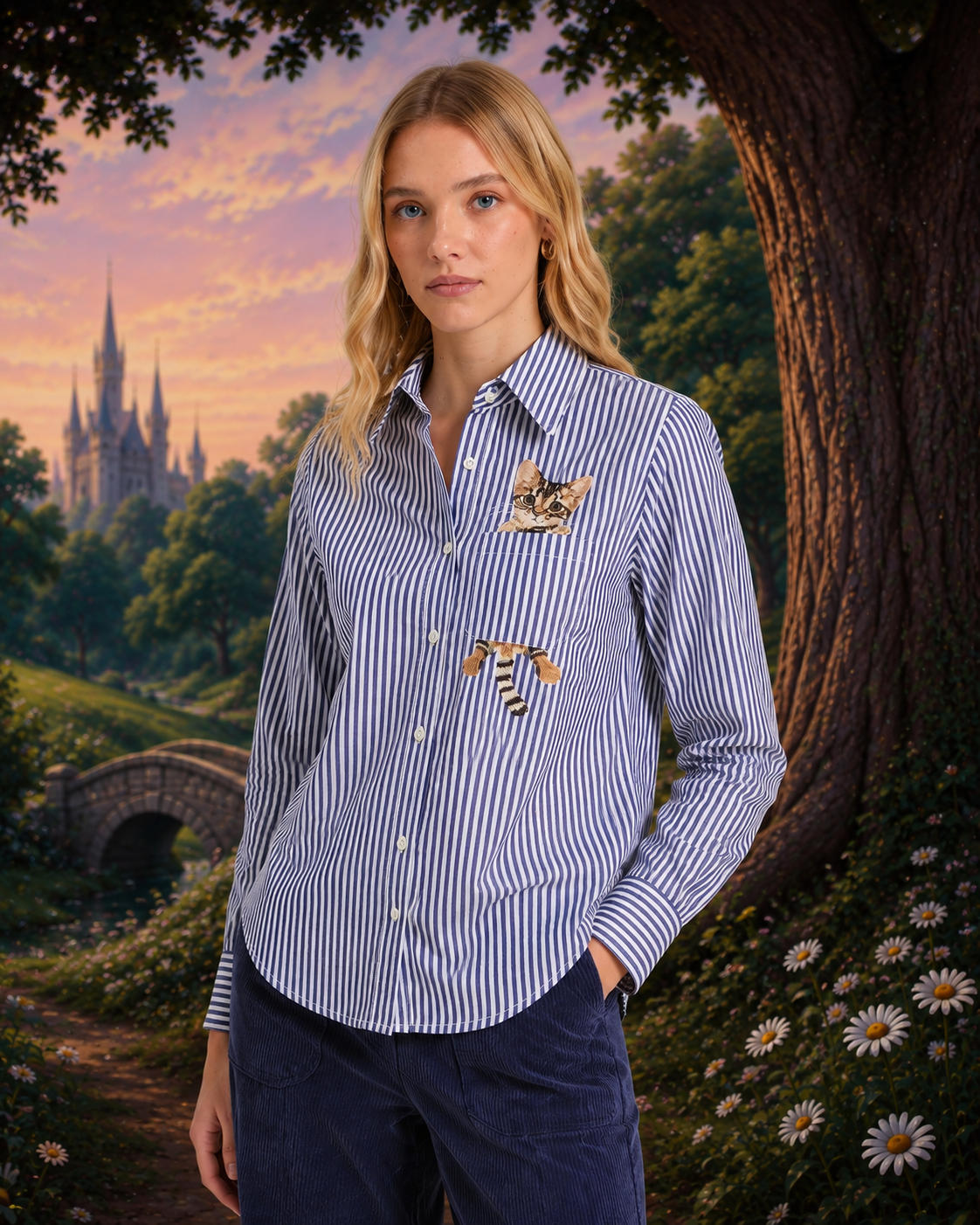 EMBROIDERED CATS BLUE STRIPED SHIRT
