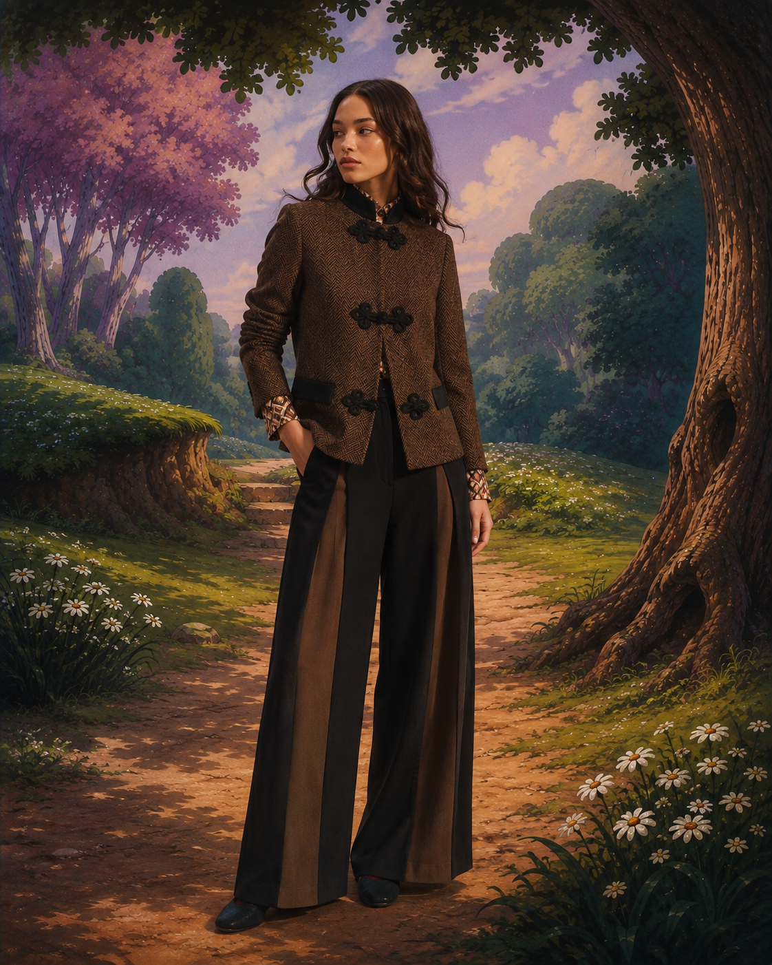 A woman stands on a forest path wearing a brown textured jacket with black decorative buttons and wide-leg black pants. The background is a painted or digitally illustrated woodland scene with trees, flowers, and soft sky colors.
