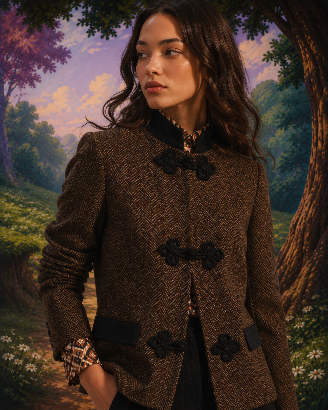 A woman wearing a brown herringbone jacket with black decorative buttons and a black collar, posed against a painted forest background.