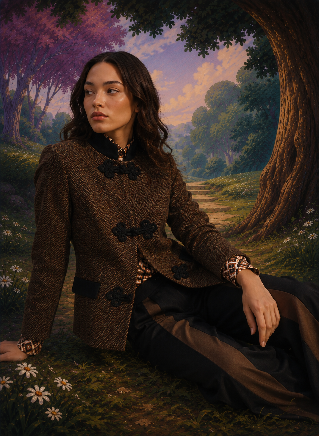 A woman seated outdoors in a stylized forest scene wearing a brown textured jacket with black decorative trim and cuffs, paired with dark pants.