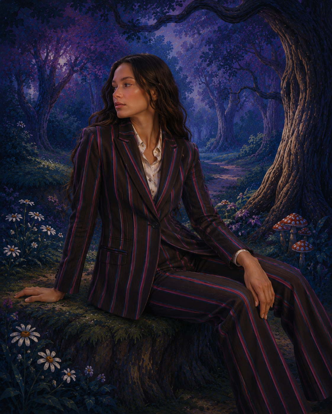 A woman wearing a dark purple and black pinstripe blazer with matching trousers, seated on a tree stump in a mystical forest setting with purple lighting.