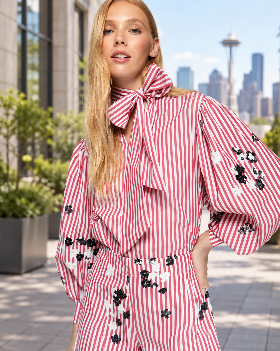 Shirt with Bow, Stripes, Flowers, and Sequins
