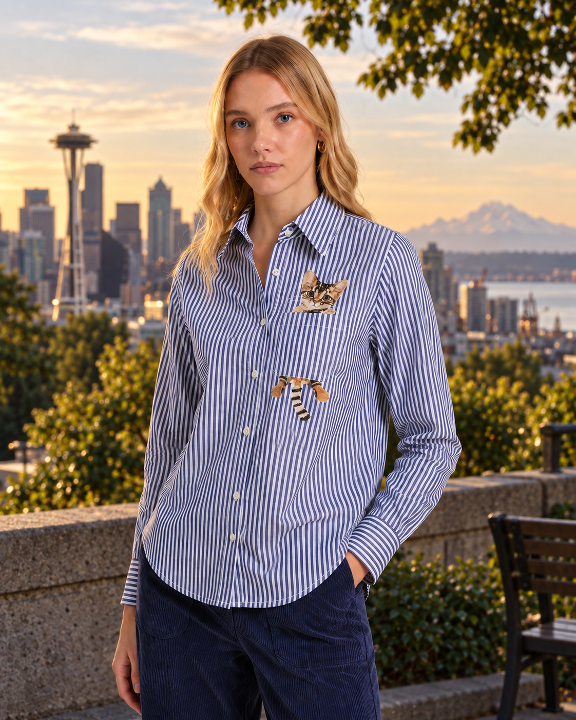 Embroidered Cats Striped Shirt