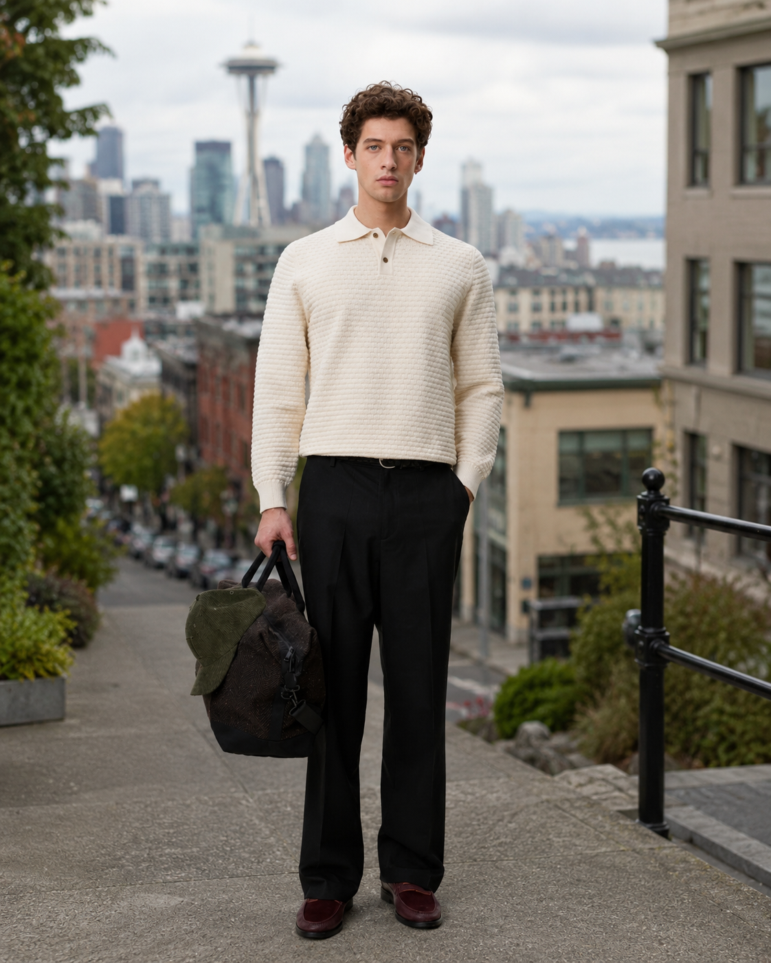 Check Structure Knitted Long-Sleeve Polo