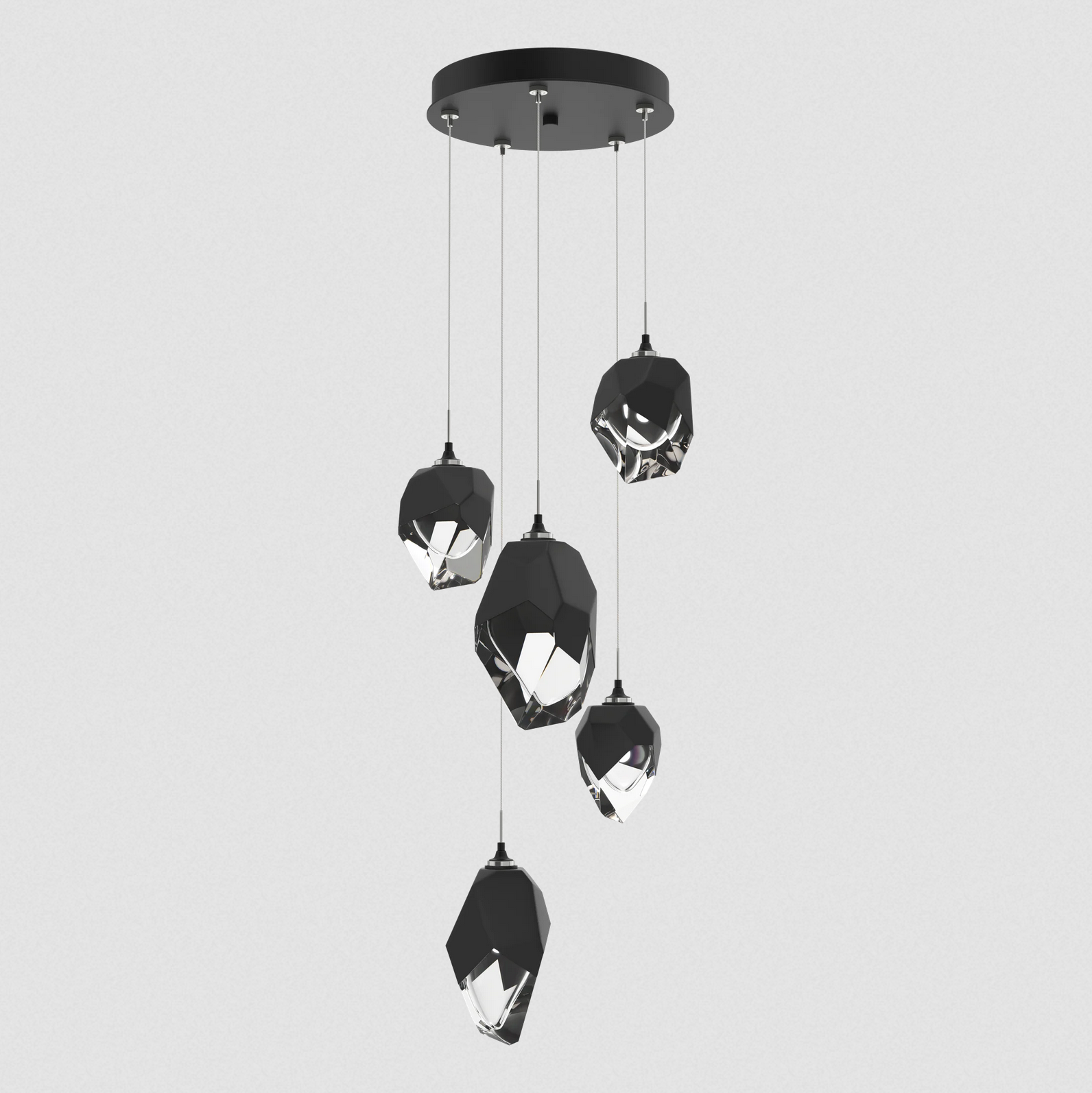 The Chrysalis 5-Light Mixed Crystal Pendant is a multi-port fixture that features five (2 large + 3 small), handcrafted faceted blown glass elements suspended from a round canopy. 