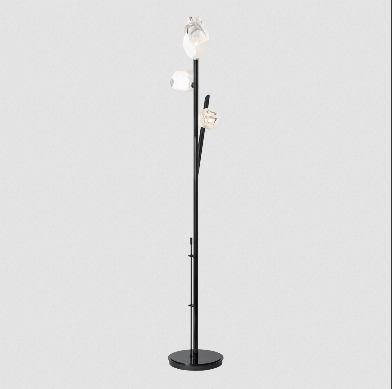 vFloor lamp with three thick cut crystal shades and a pole dimmer on the base.