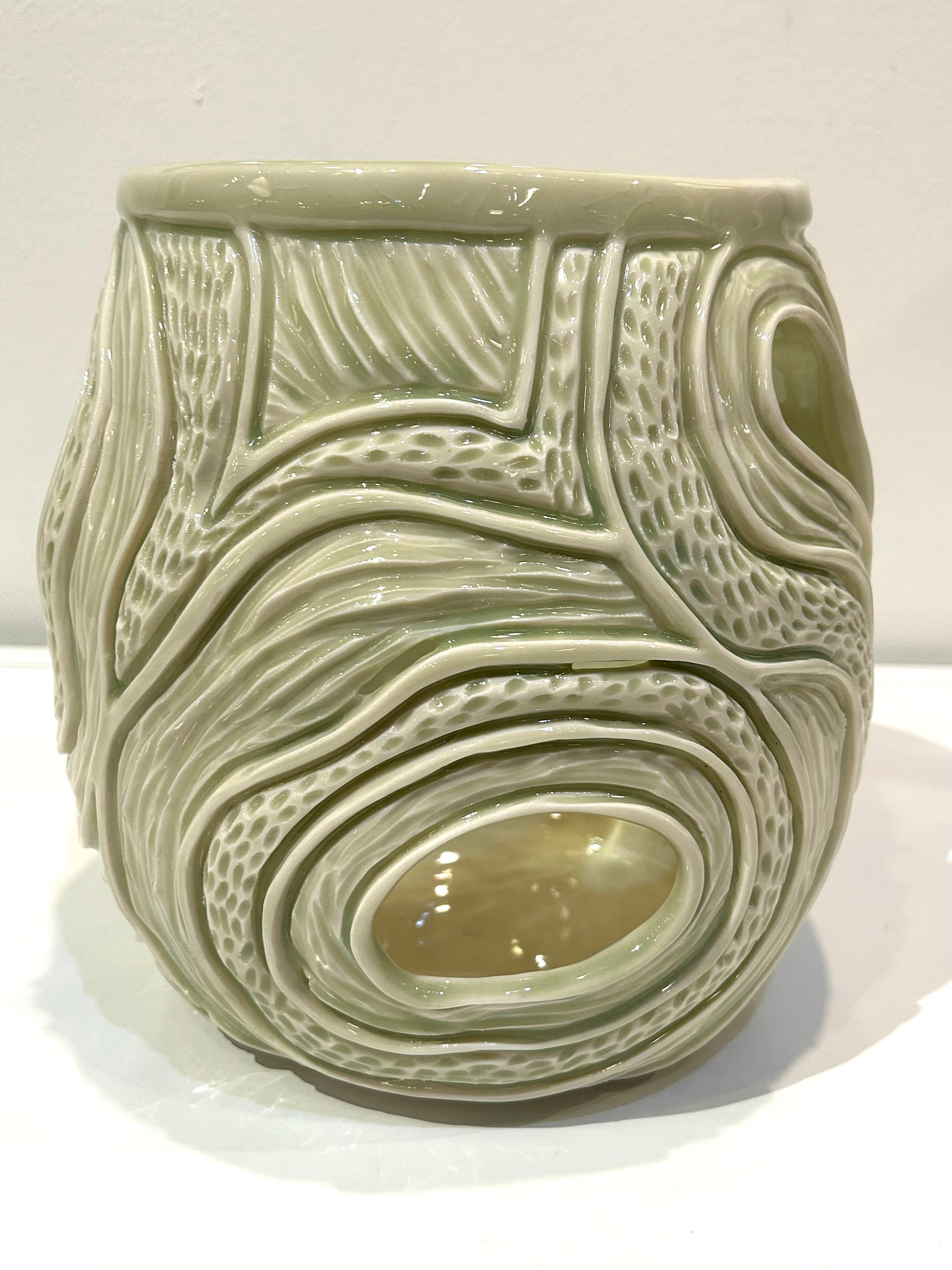 Carved Porcelain Green Egg Pot by Alice Kay Lee