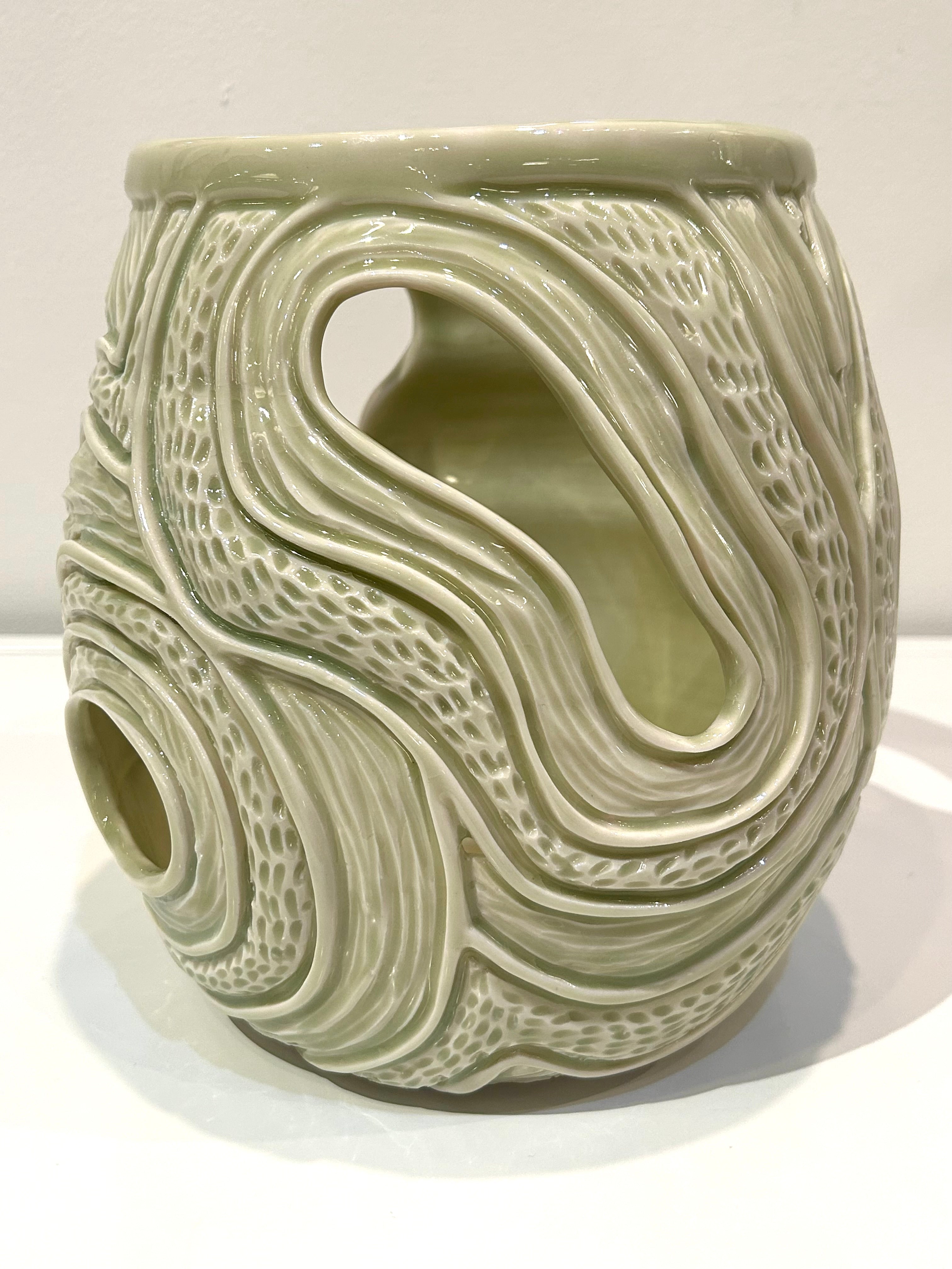 Carved Porcelain Green Egg Pot by Alice Kay Lee