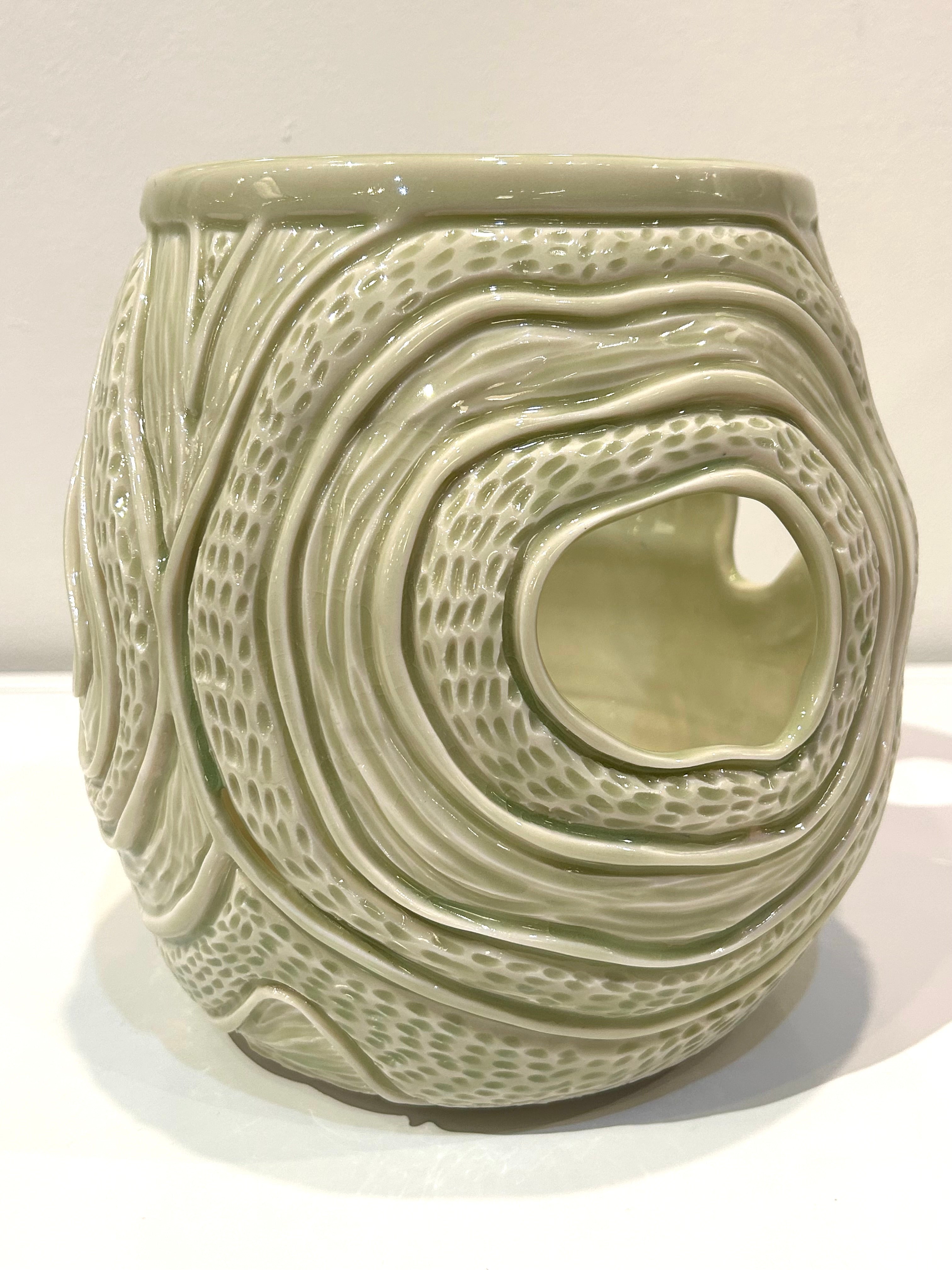 Carved Porcelain Green Egg Pot by Alice Kay Lee