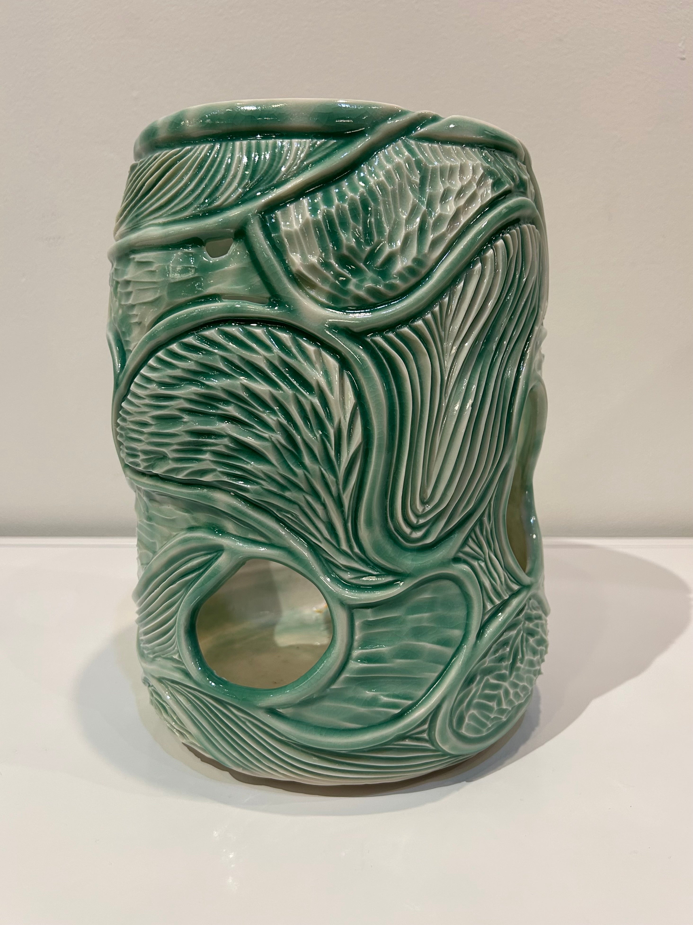 Big Green Carved Porcelain Vase by Alice Kay Lee