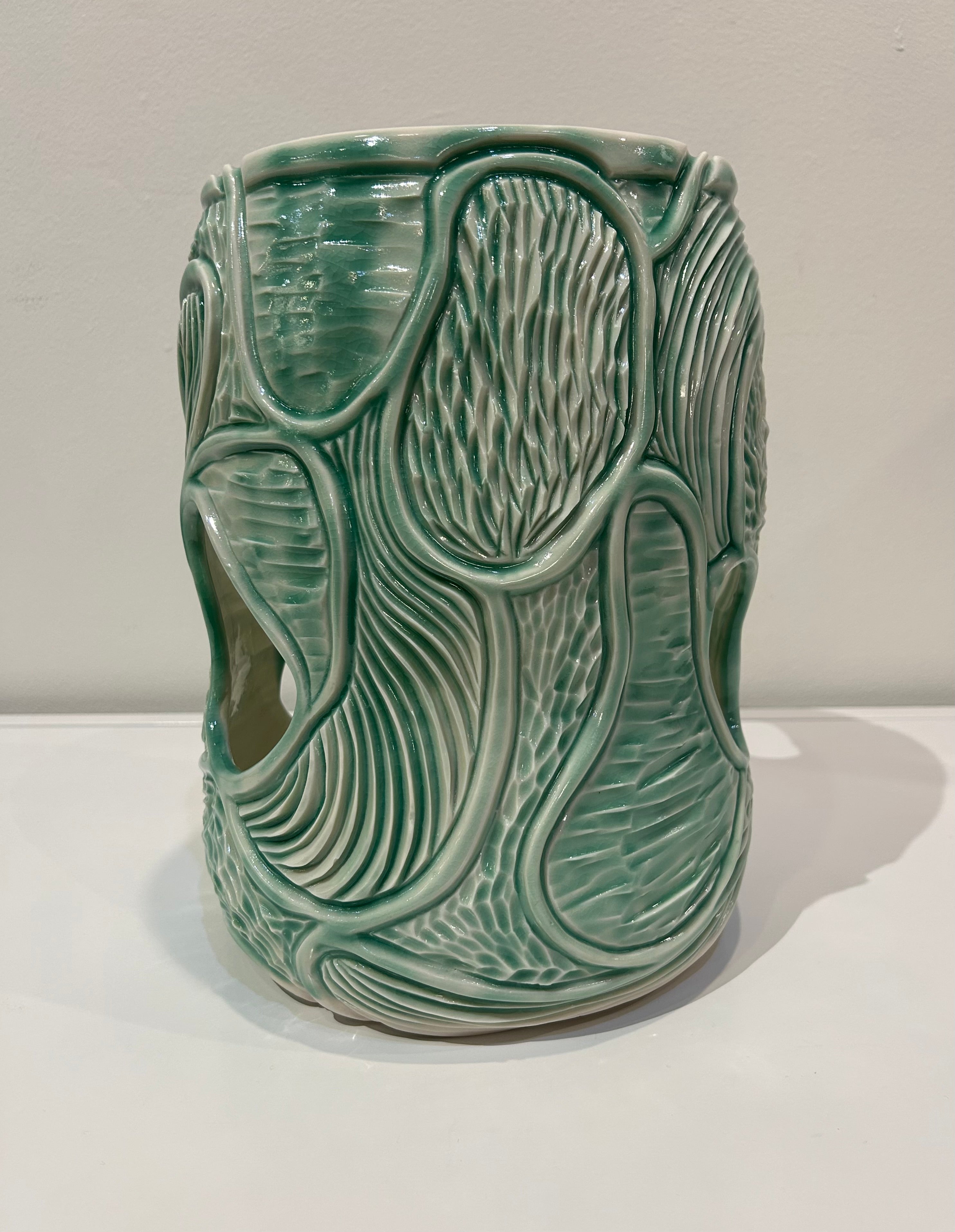 Big Green Carved Porcelain Vase by Alice Kay Lee