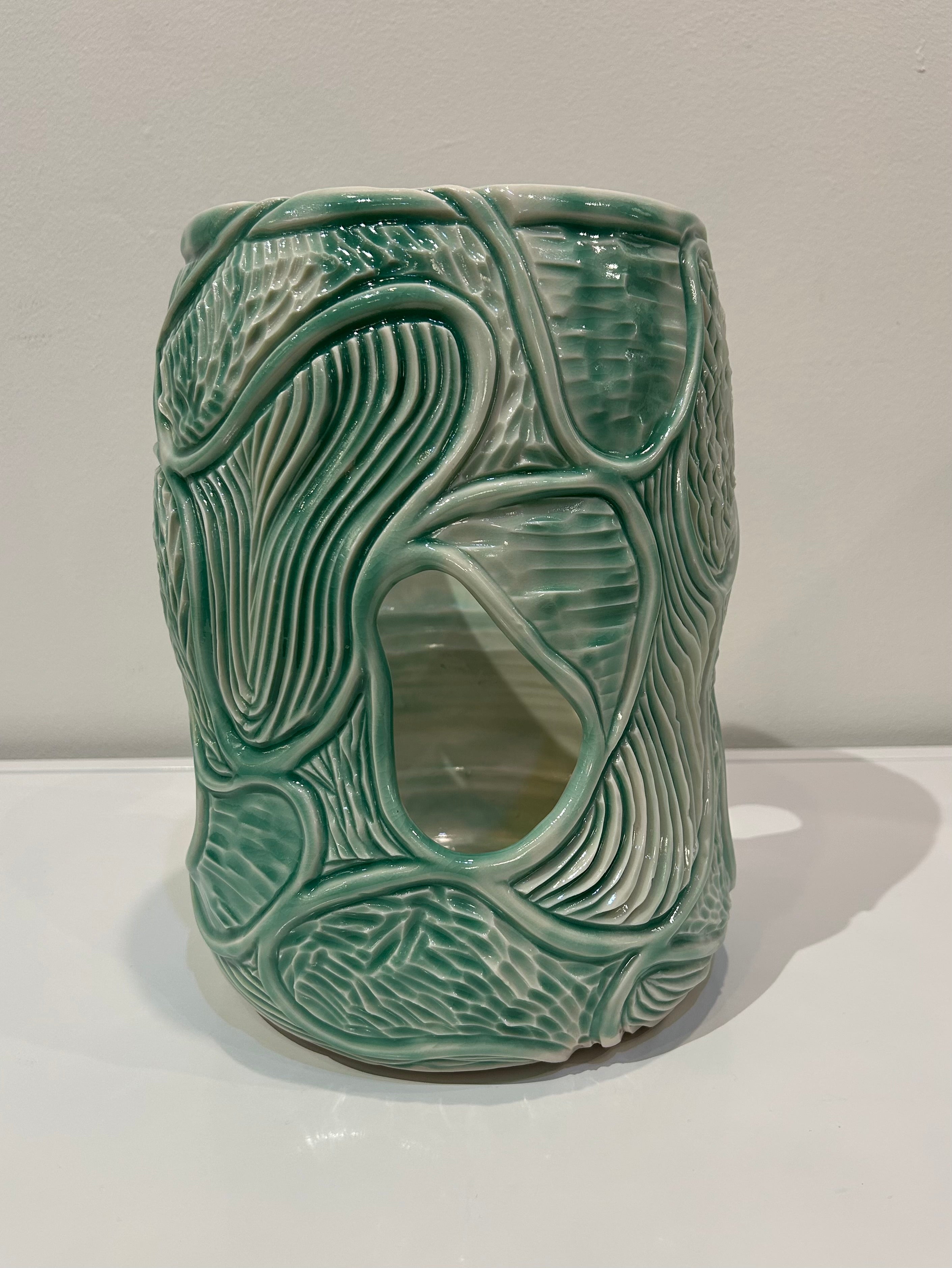 Big Green Carved Porcelain Vase by Alice Kay Lee