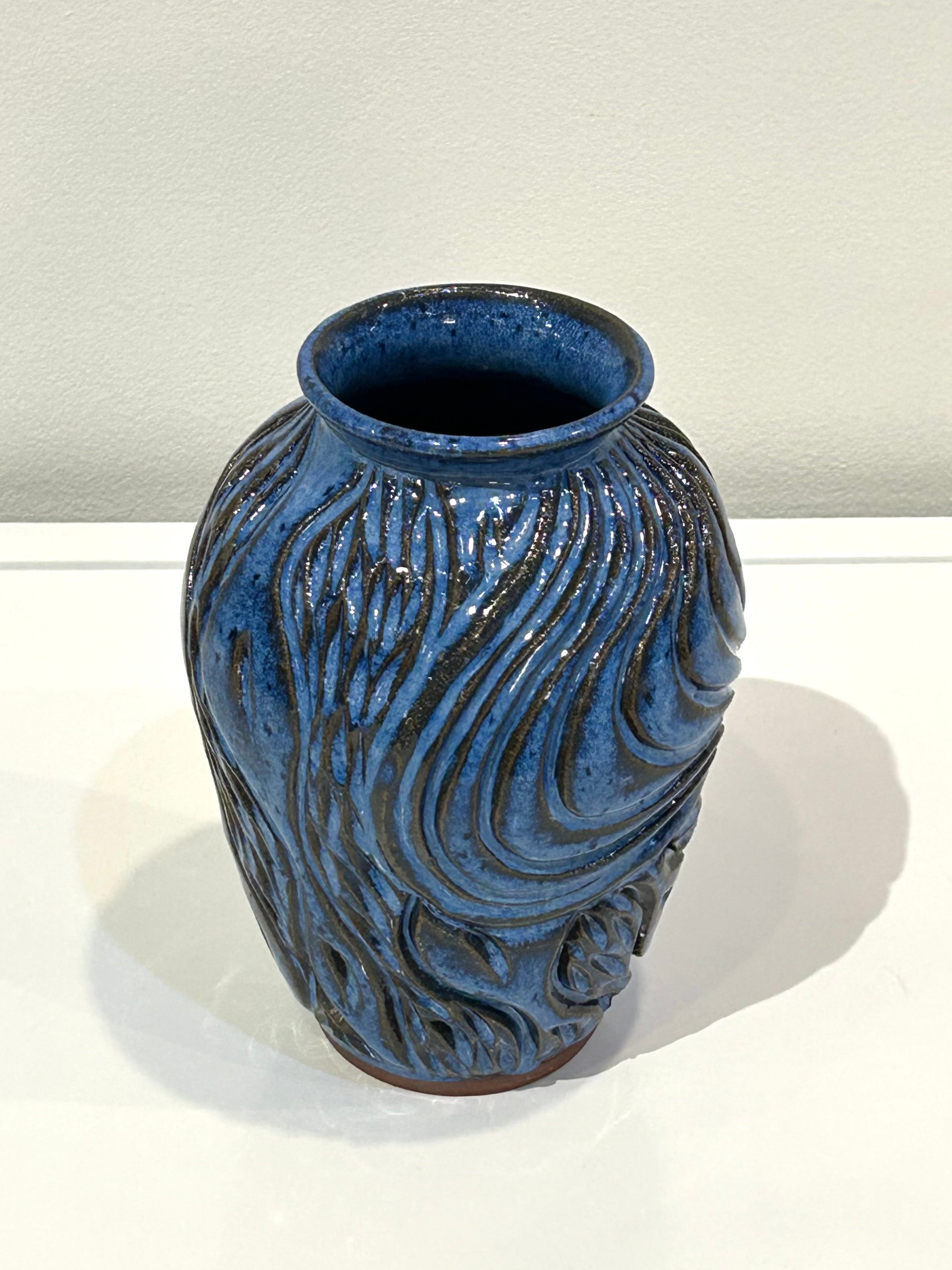 Carved Blue Clay Vase by Alice Kay Lee