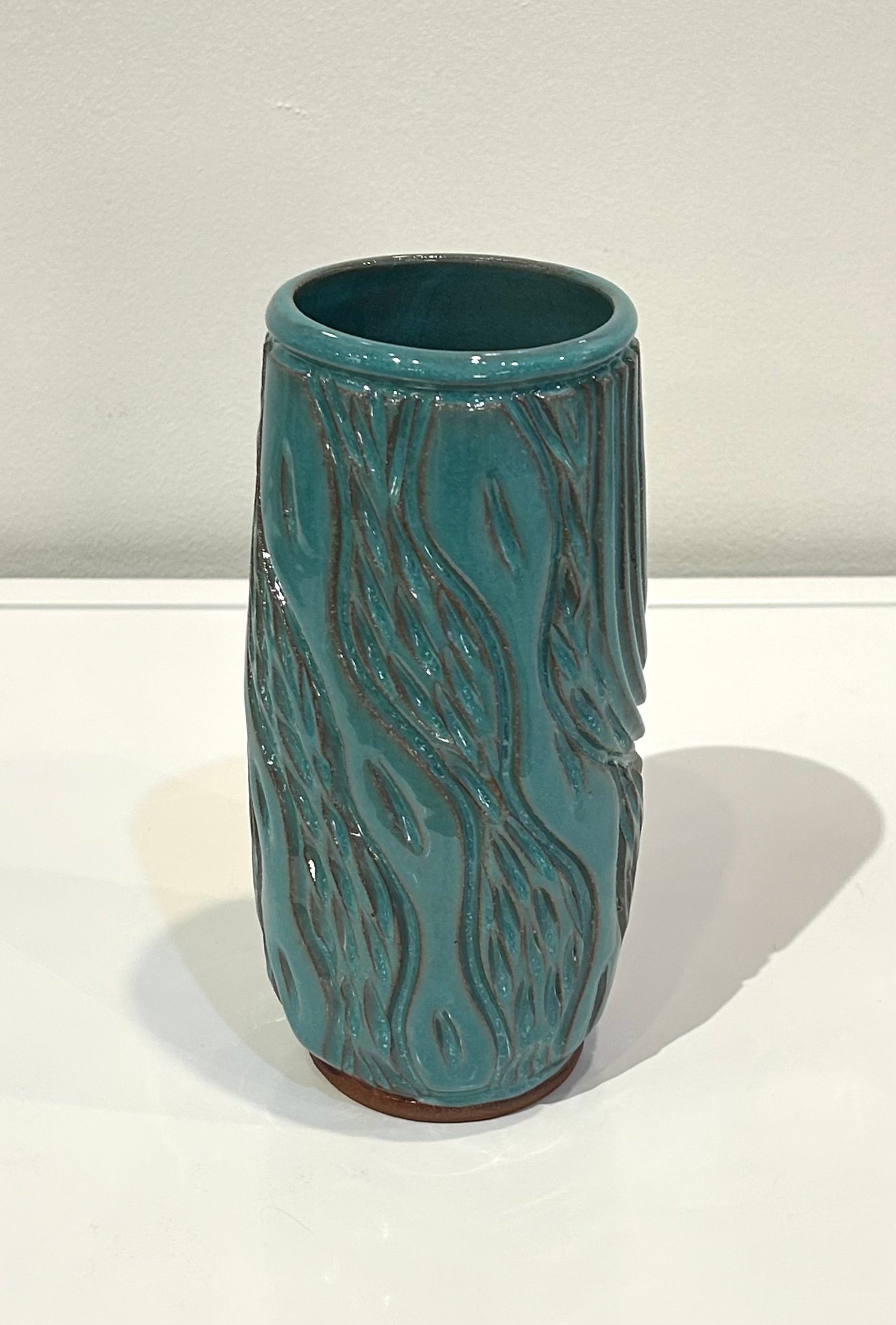 Turquoise Tall Skinny Carved Clay Vase by Alice Kay Lee