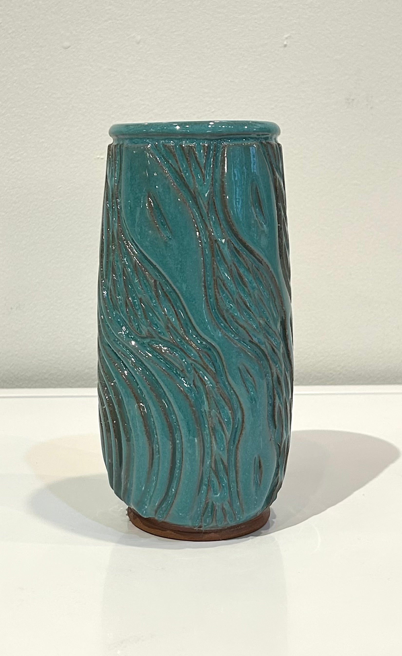 Turquoise Tall Skinny Carved Clay Vase by Alice Kay Lee