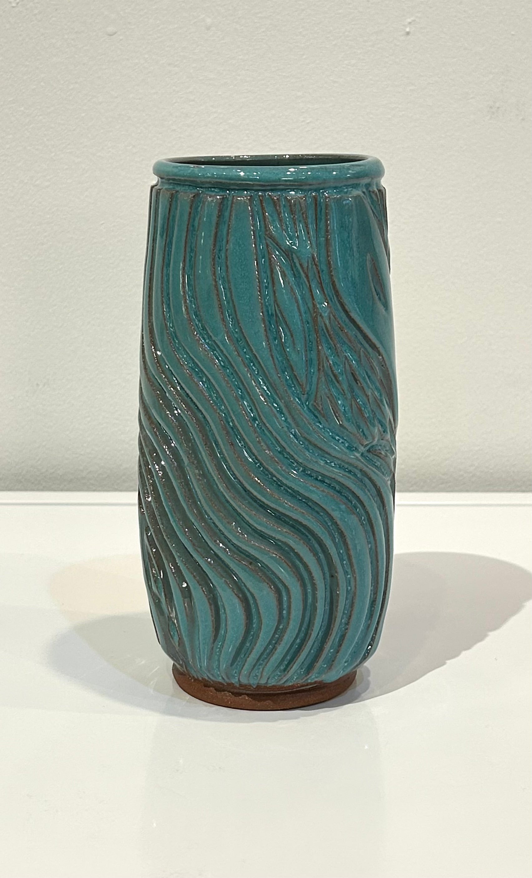 Turquoise Tall Skinny Carved Clay Vase by Alice Kay Lee