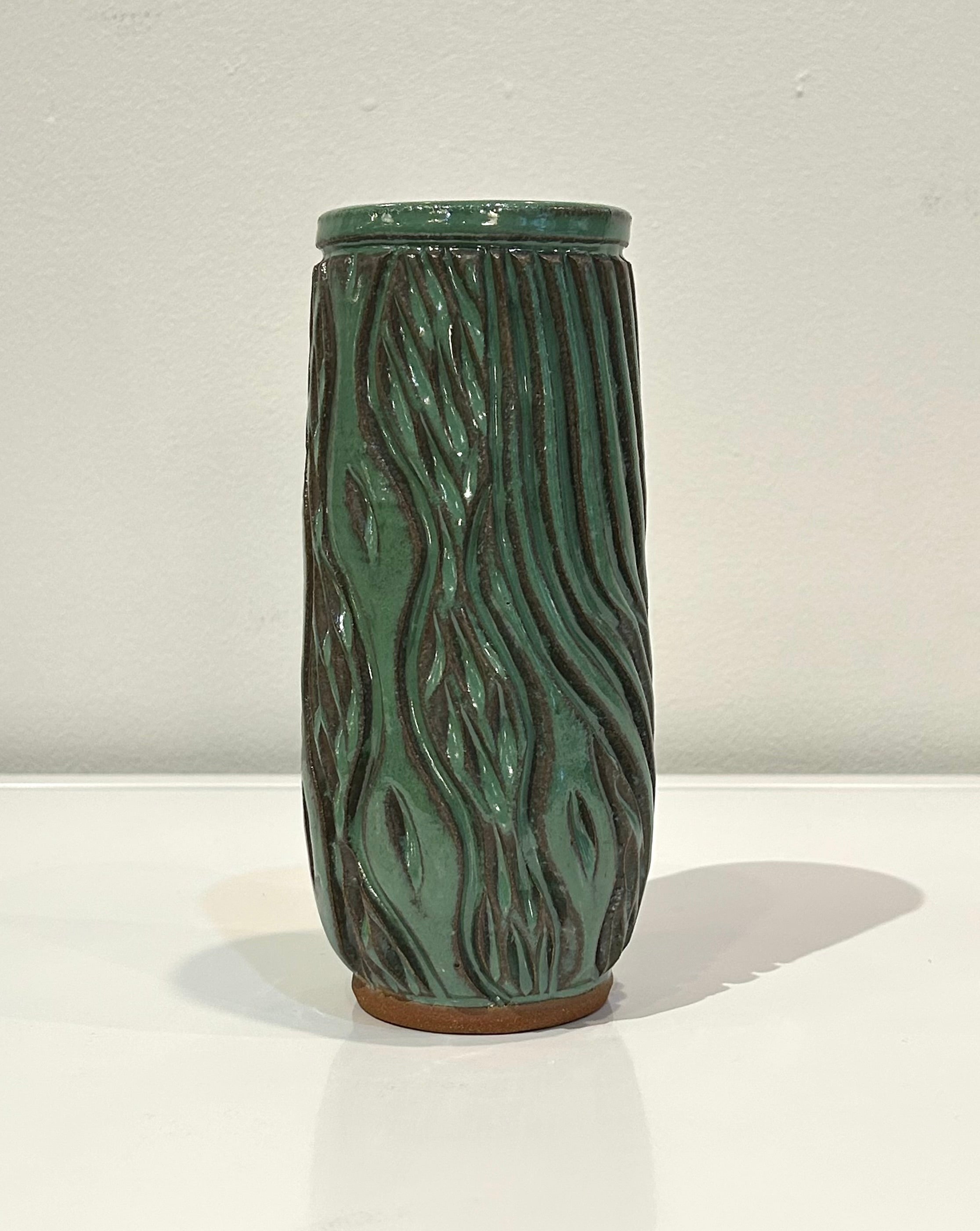 Sage Green Tall Skinny Carved Clay Vase by Alice Kay Lee