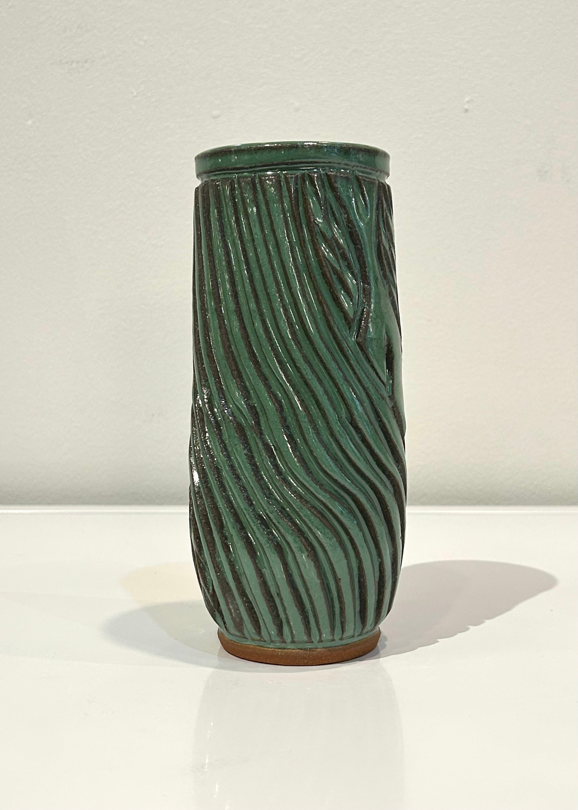 Sage Green Tall Skinny Carved Clay Vase by Alice Kay Lee