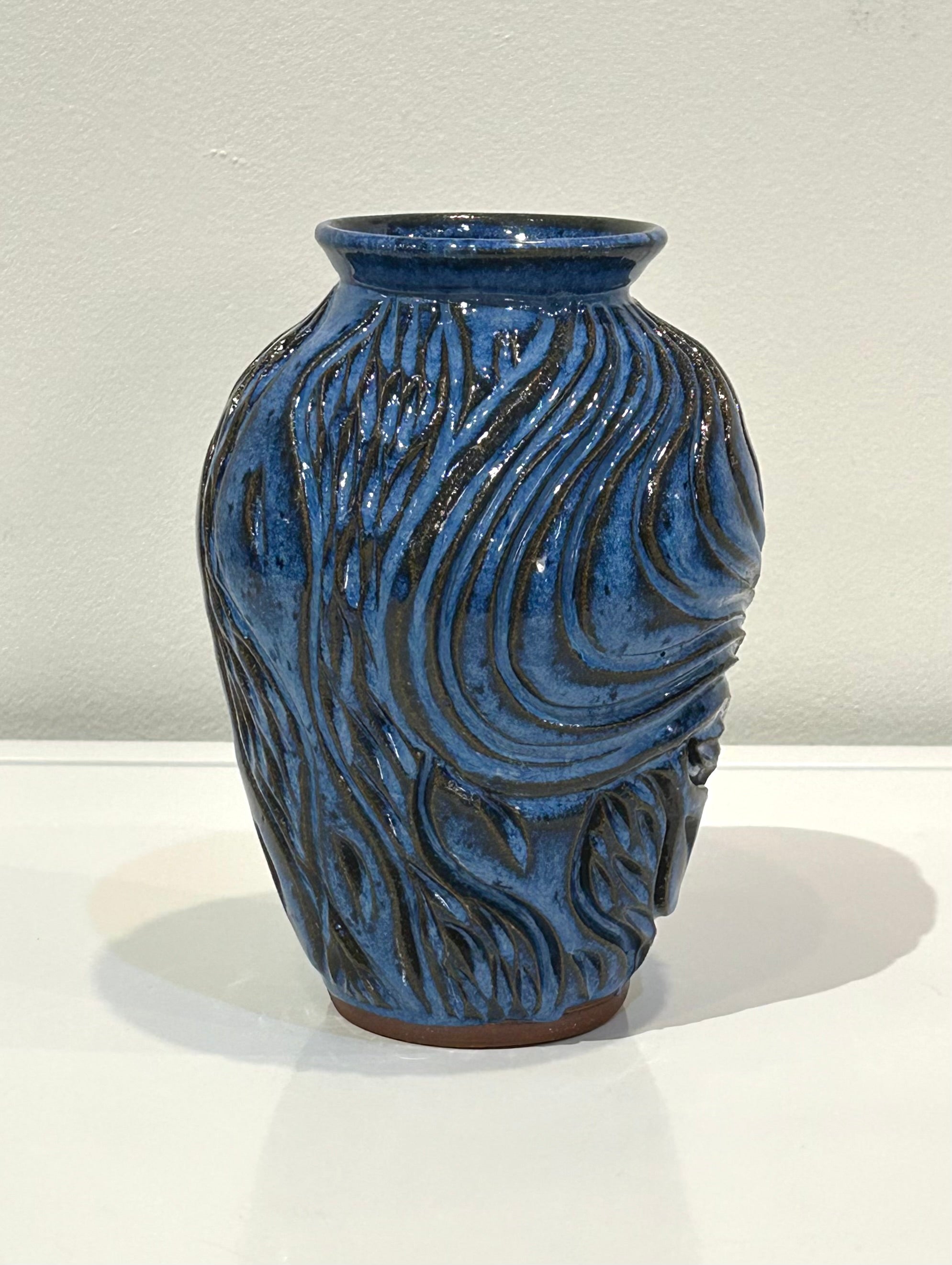 Carved Blue Clay Vase by Alice Kay Lee