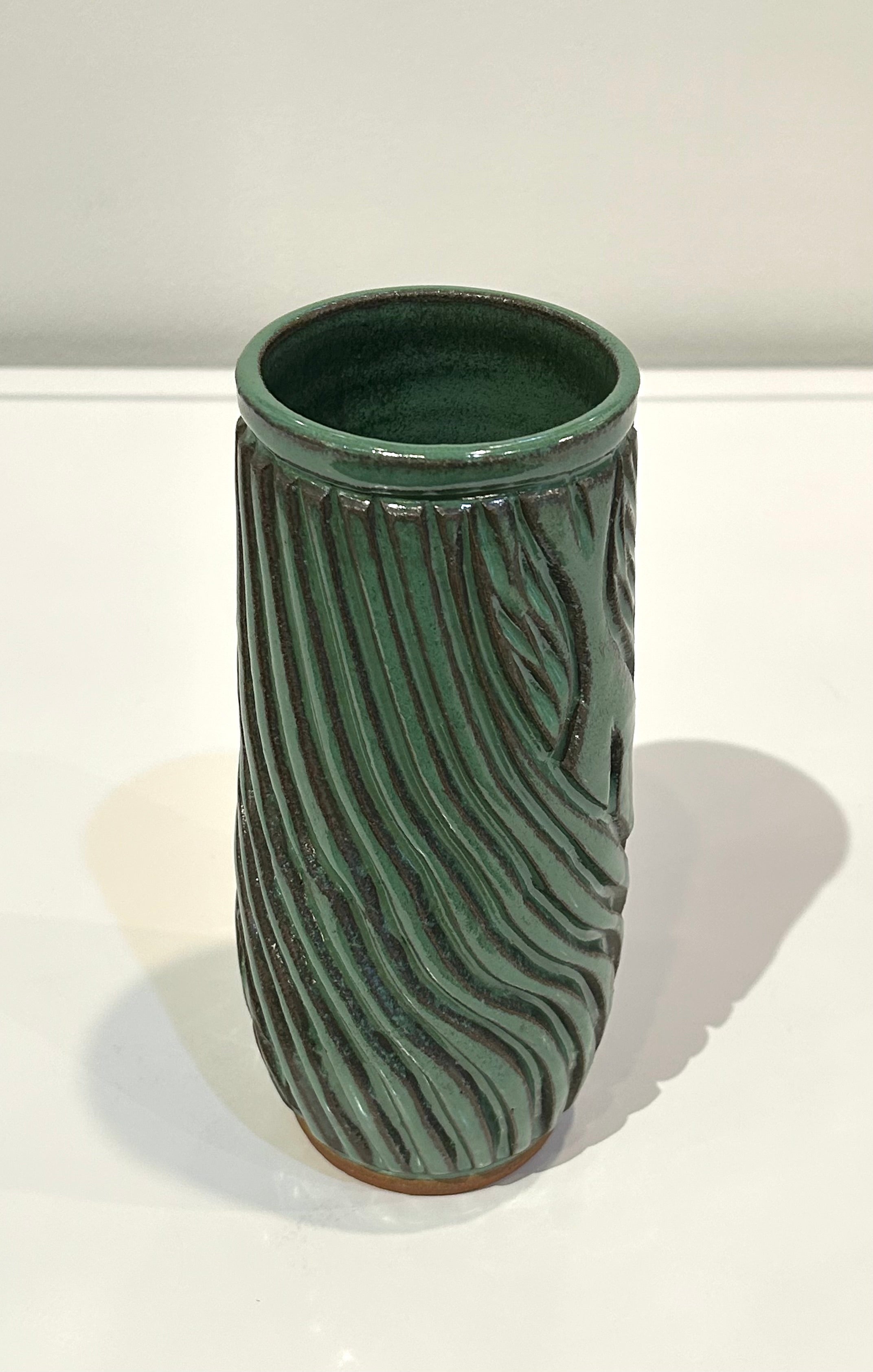 Sage Green Tall Skinny Carved Clay Vase by Alice Kay Lee