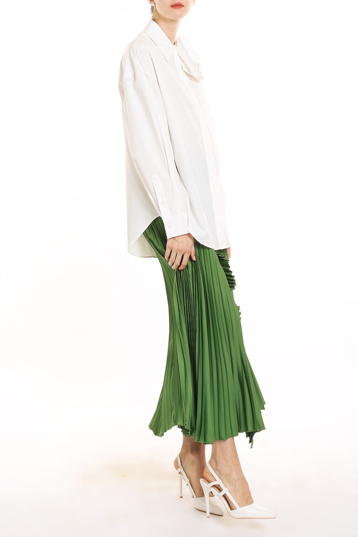 Pleated Ruffle Satin Maxi Skirt