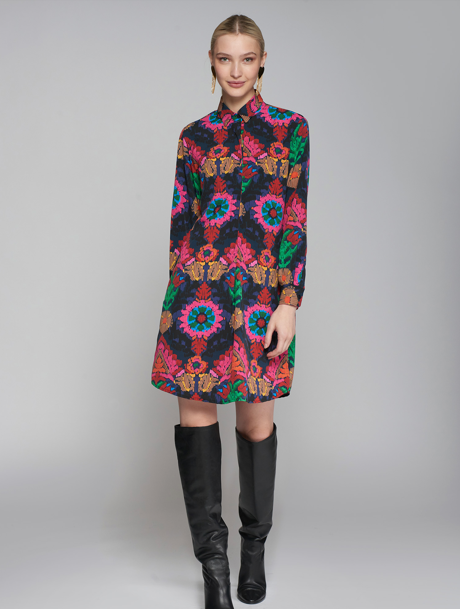 Painterly Damask Flower Print Dress Shirt