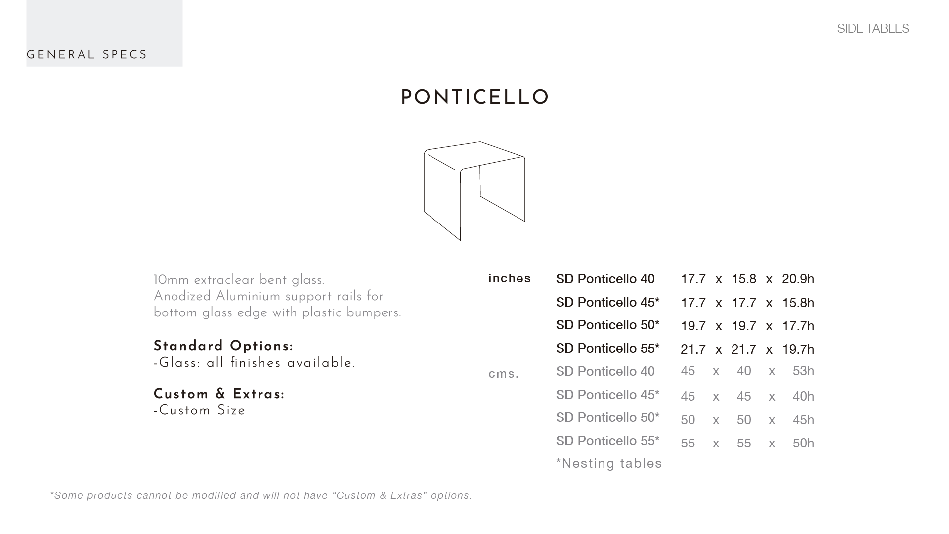 Table dimensions. 