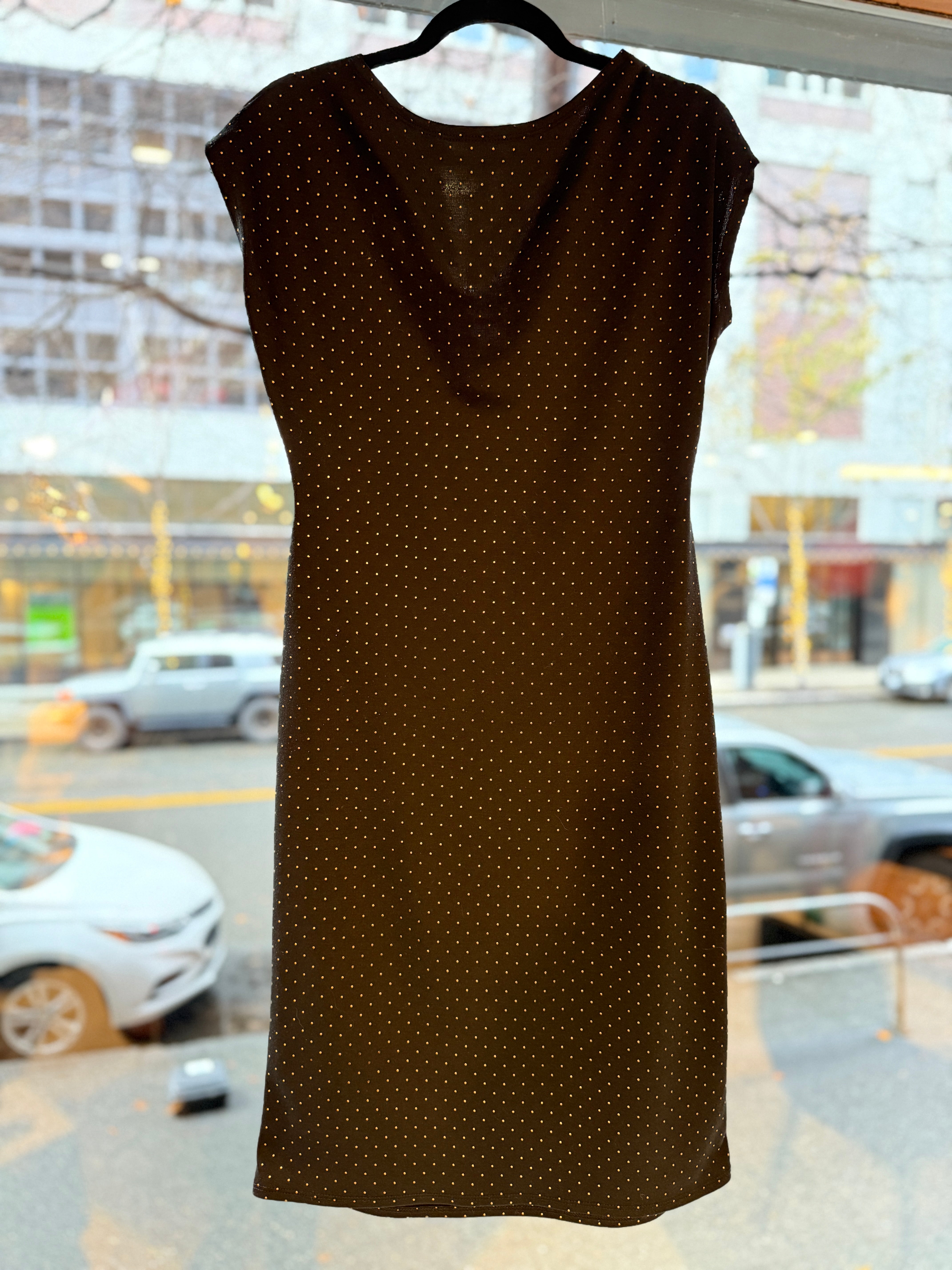 Black Stretch Mini Dress ( MIDI ) with Gold Dots by KFLY