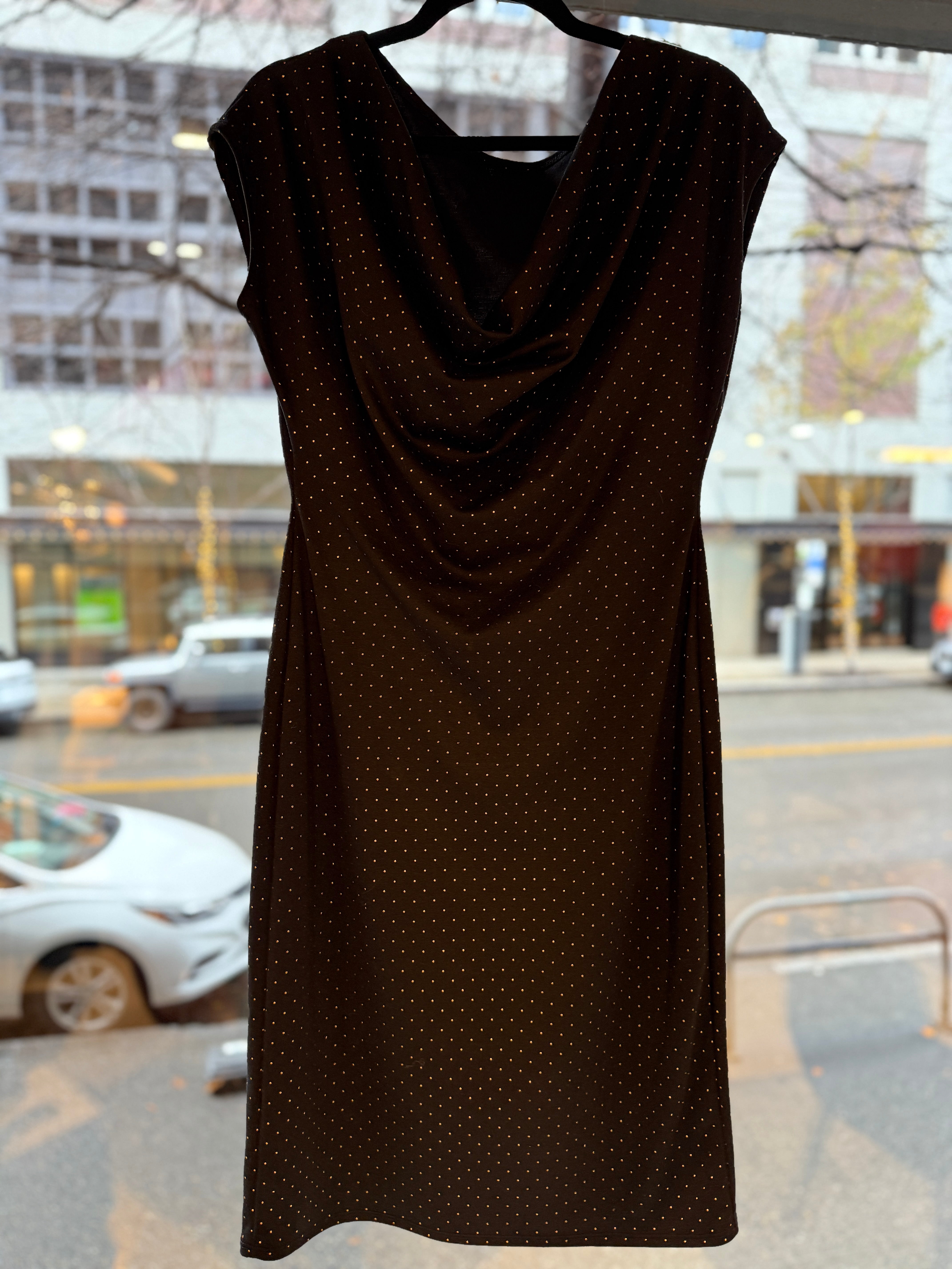 Black Stretch Mini Dress ( MIDI ) with Gold Dots by KFLY