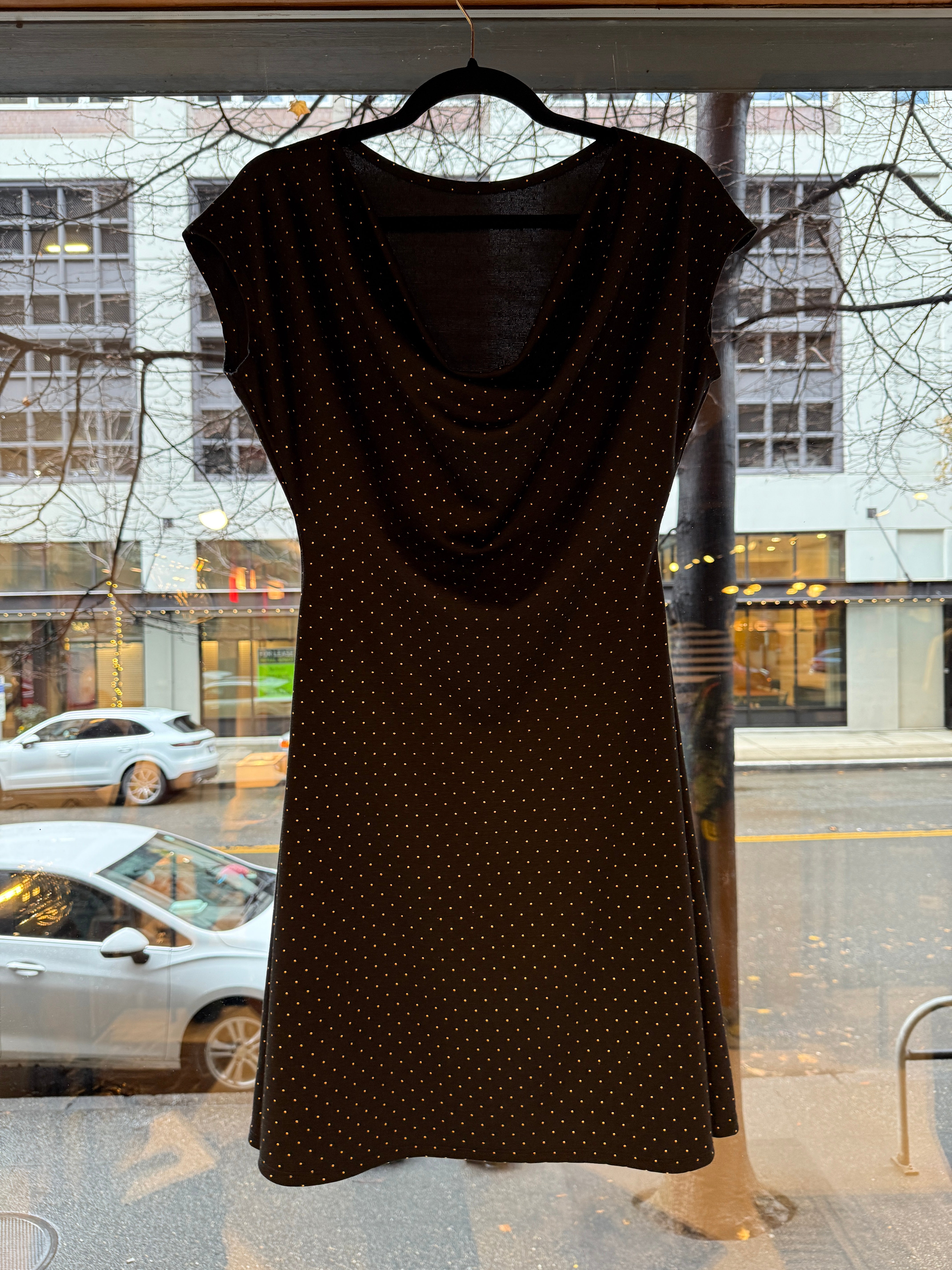 Black Stretch Mini Dress ( FIT and FLARE ) with Gold Dots by KFLY