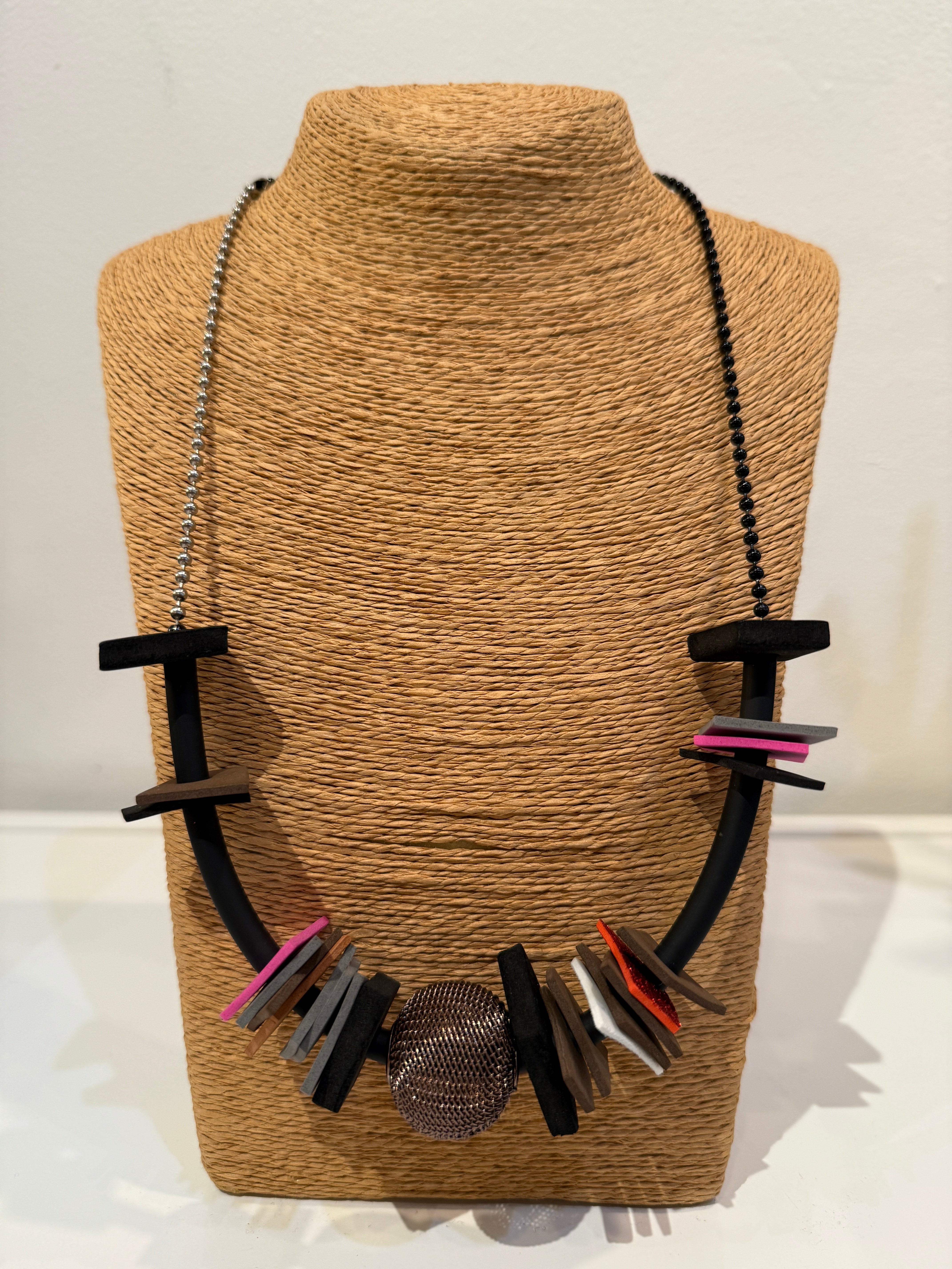 Asymmetrical Multi-Color Foam and Copper Mesh Ball Necklace