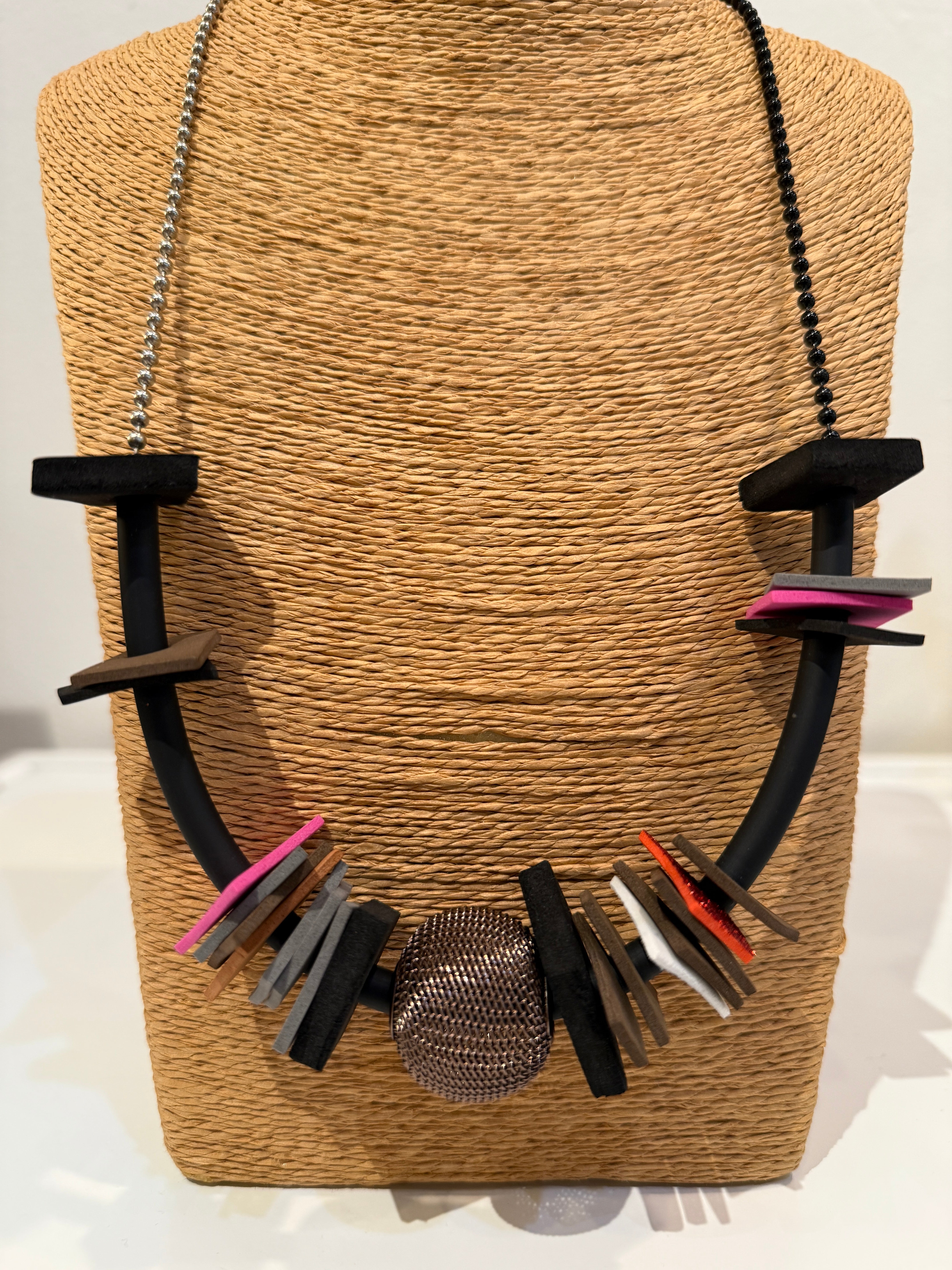 Asymmetrical Multi-Color Foam and Copper Mesh Ball Necklace