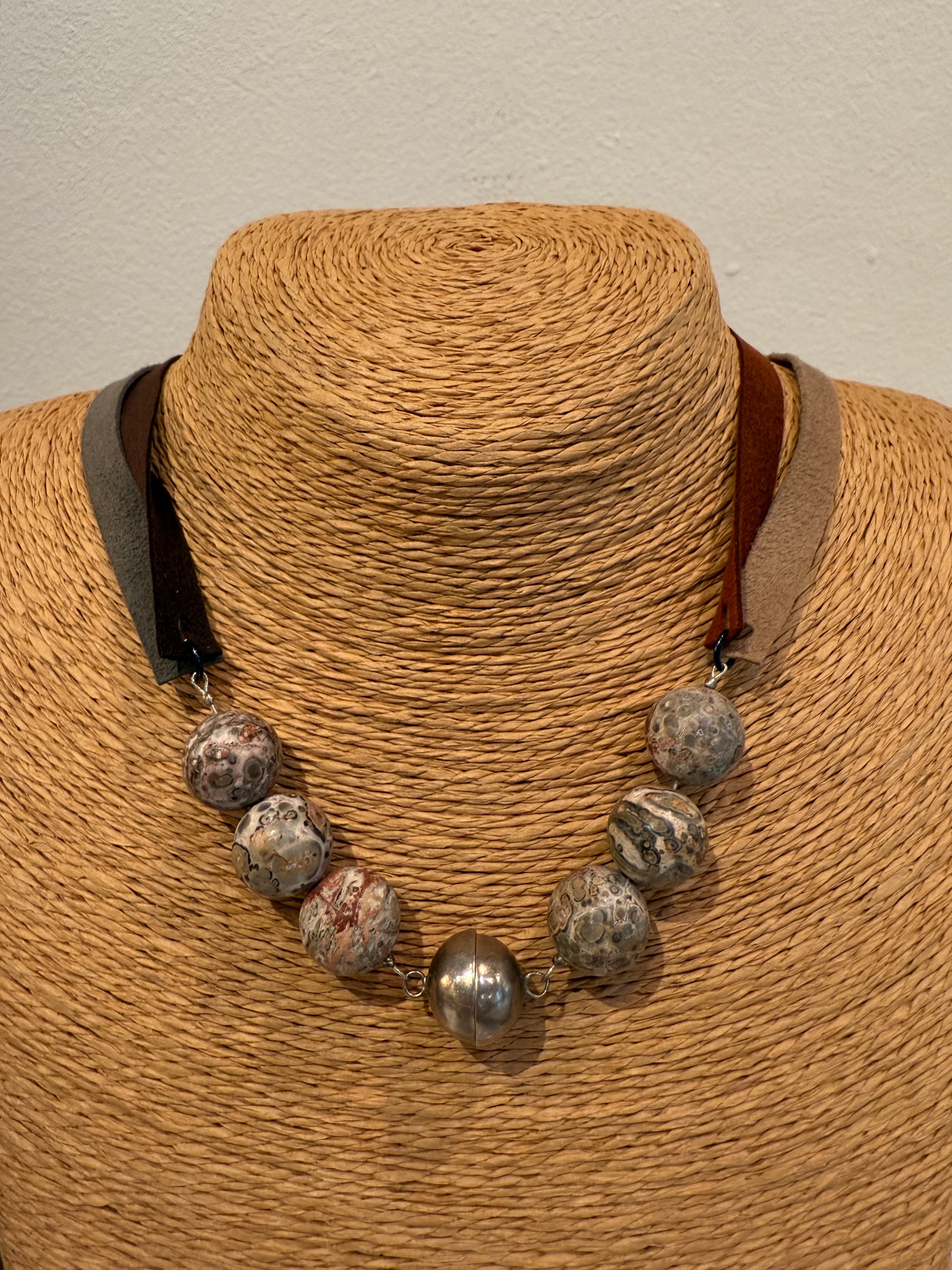 Multi-Strap tri-sued with Pale Jasper Round Stones 2-Way Necklace