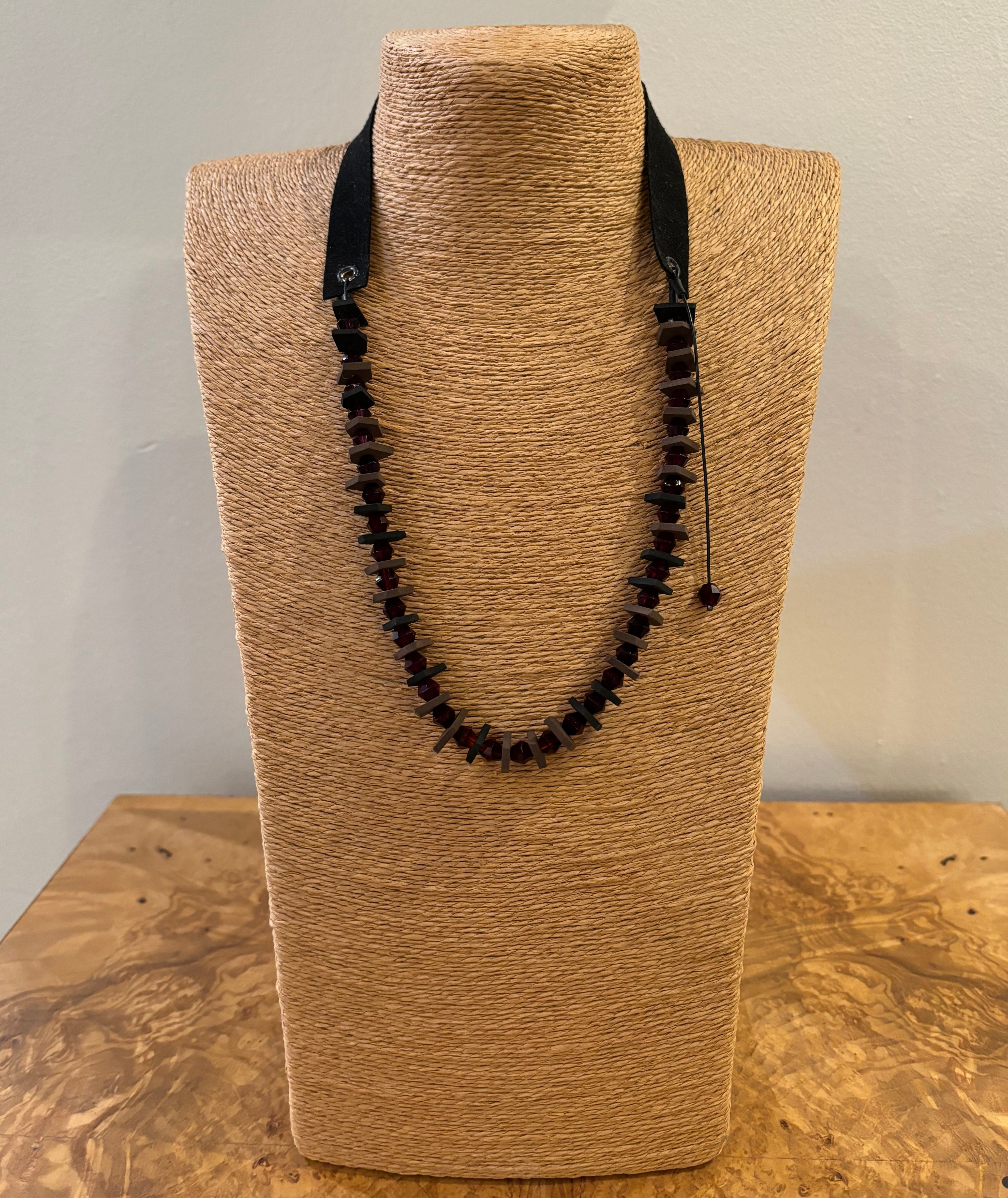 Asymmetrical Foam and Czech Crystal Beaded Necklace with Leather