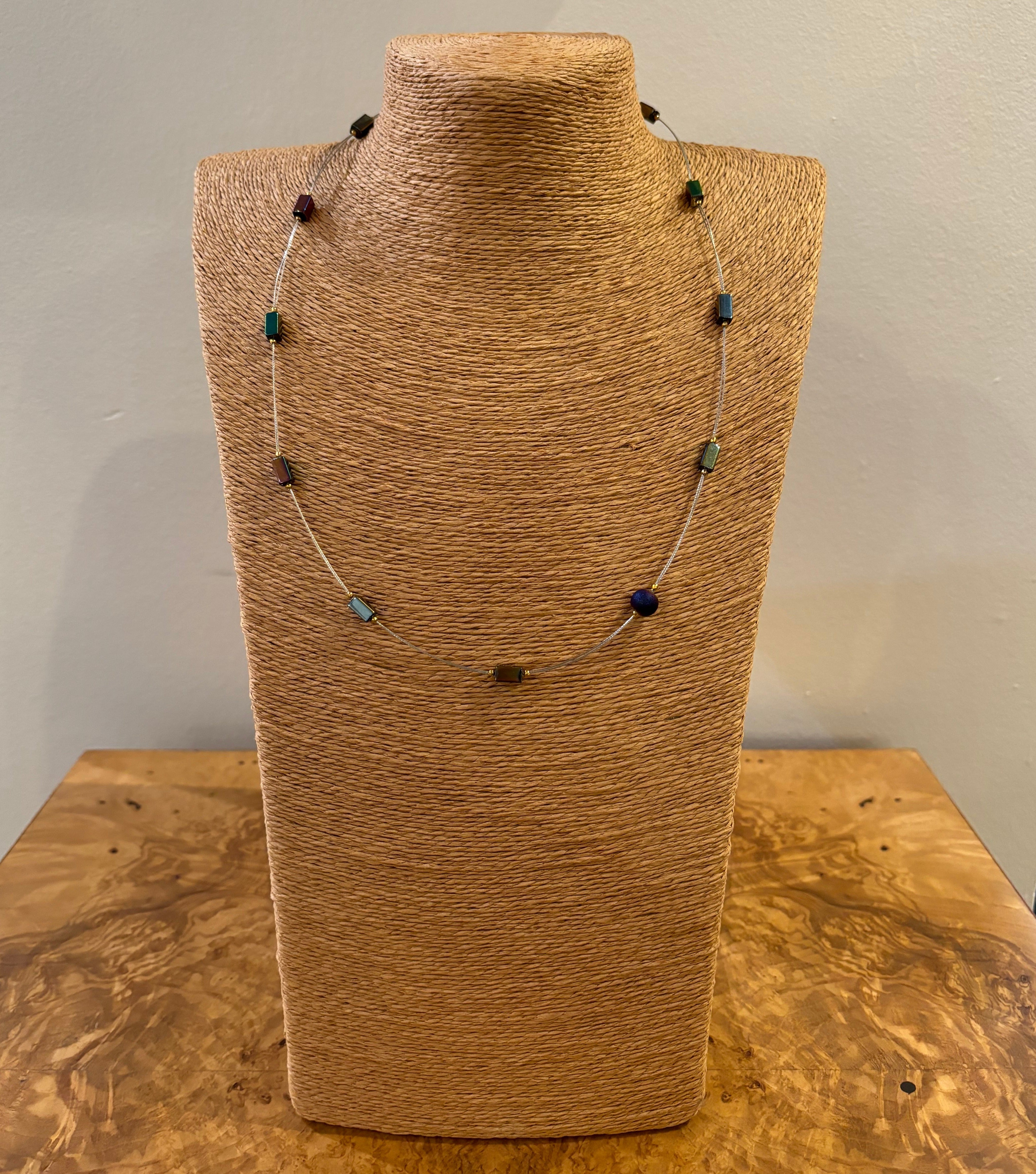 Rectangular Glass and Ceramic Bead Iridescent Luster Necklace