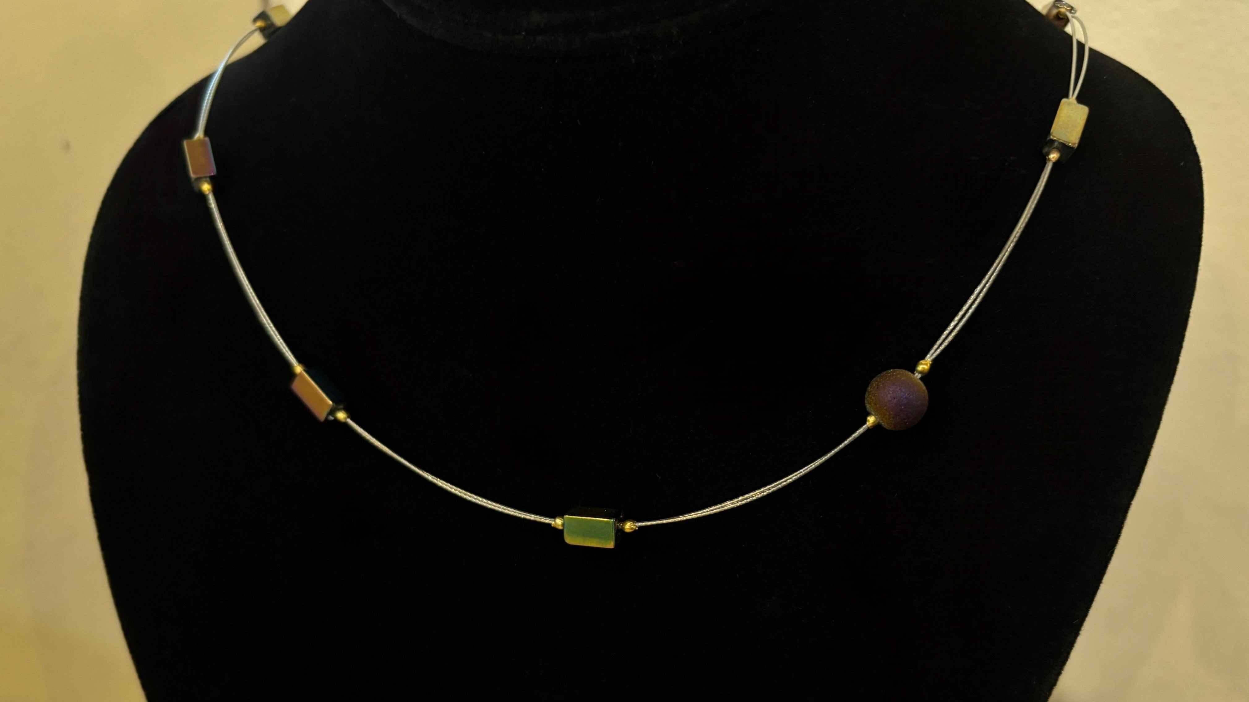 Rectangular Glass and Ceramic Bead Iridescent Luster Necklace