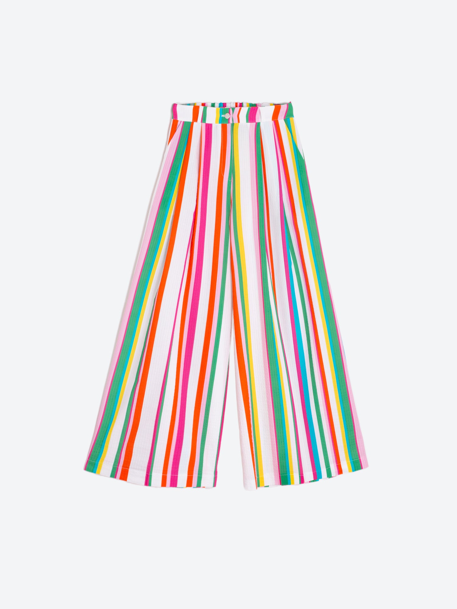 MULTICOLORED SEERSUCKER STRIPE PALAZZO PANTS