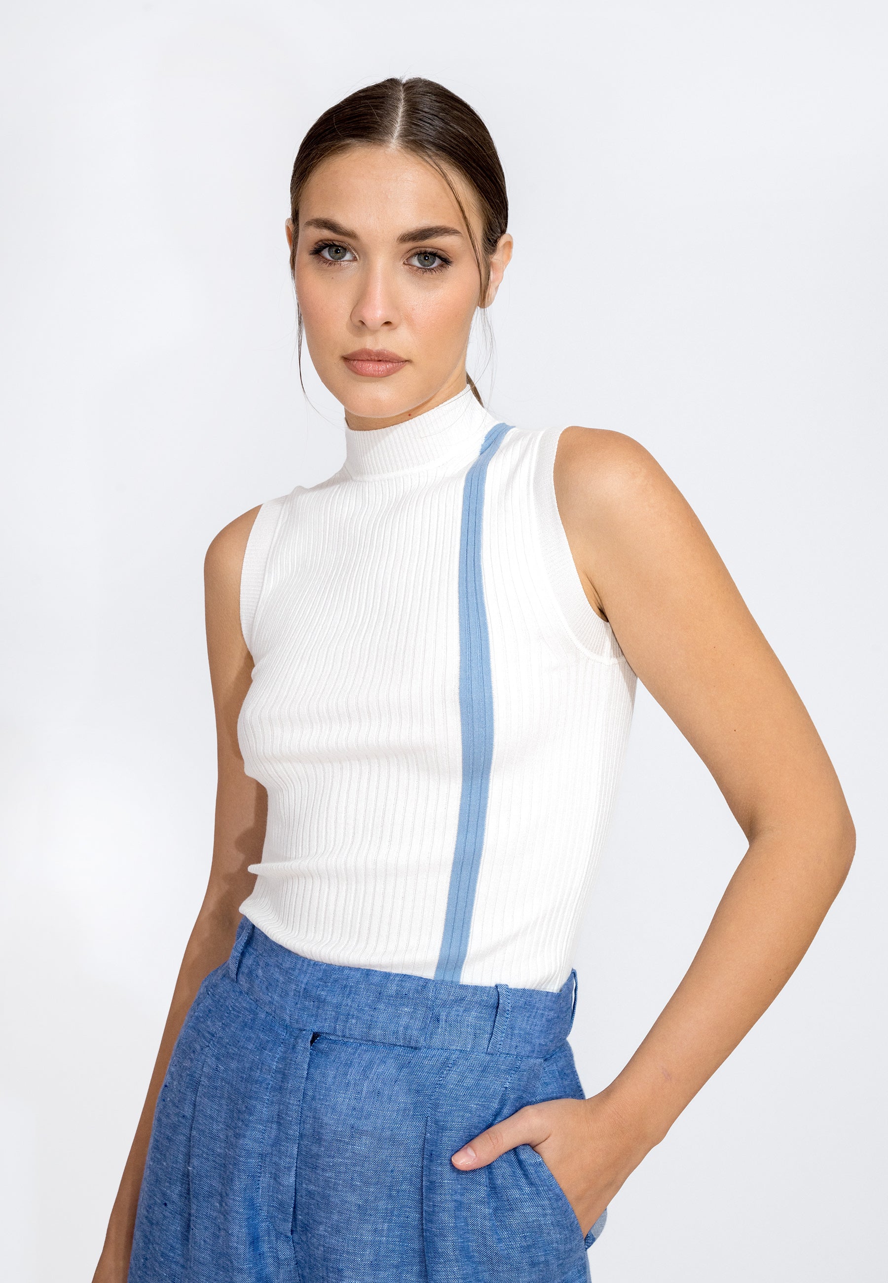 Ribbed Stripe Sleeveless Knit Shirt by IVKO