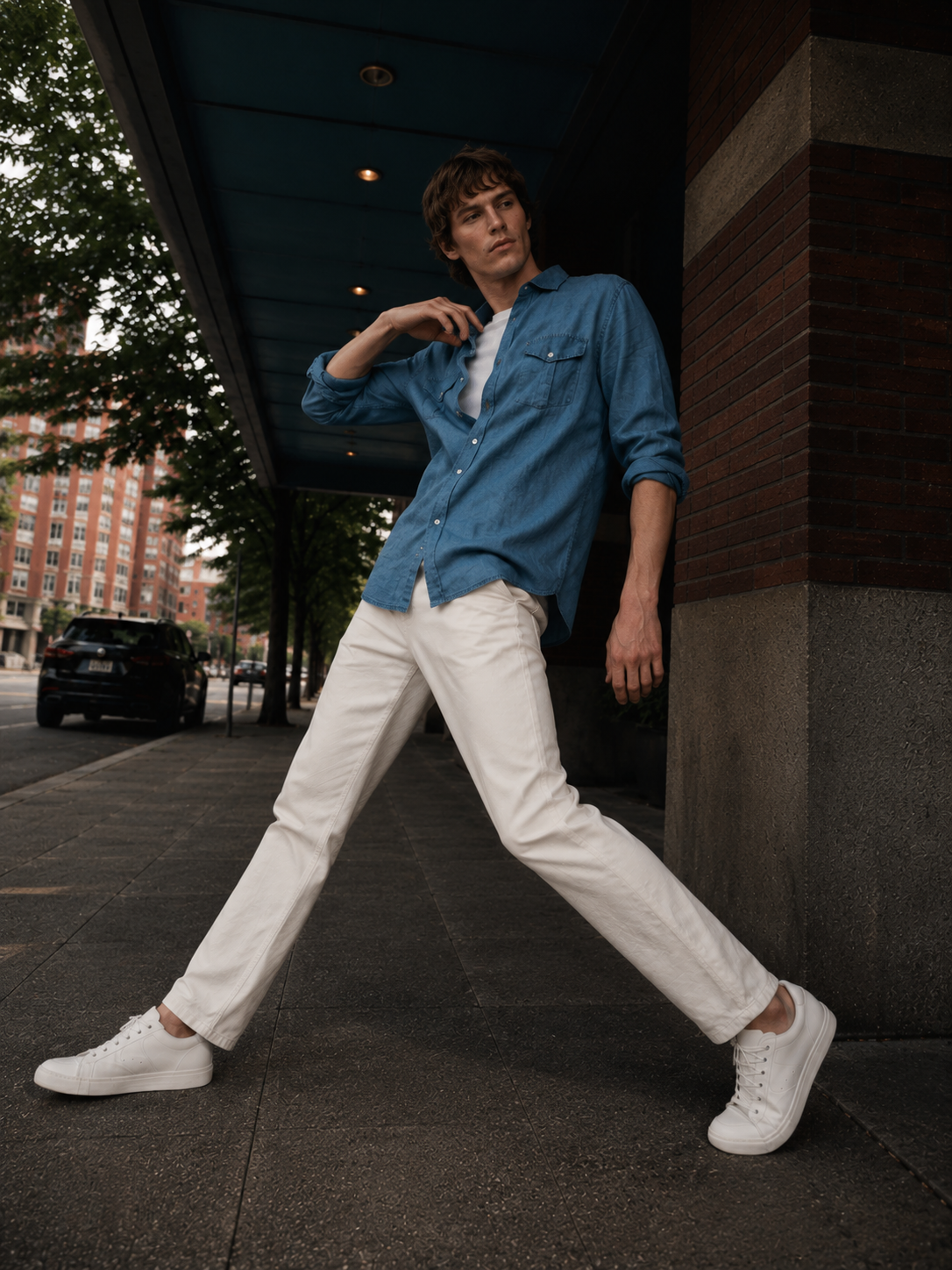 A man posing outdoors in a blue button-down shirt, white pants, and white sneakers, leaning against a brick and concrete building under a covered walkway.