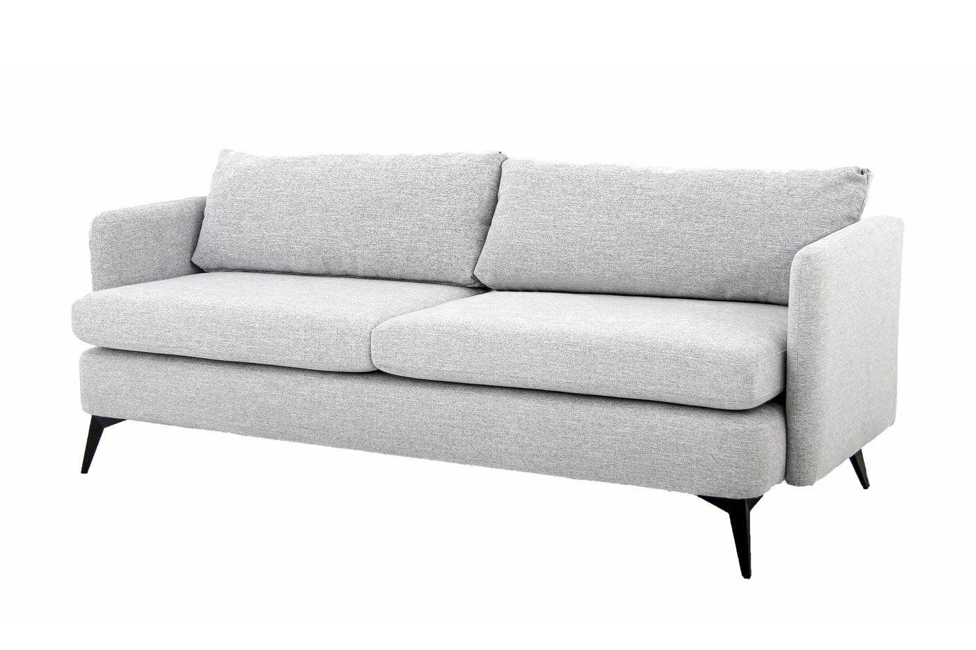 A loose back sofa with fiber fill pillows and box band seat cushions with 6" thick foam with polyester fiber wrap. Sofa legs are made of Selena Metal. Back and seats are removable.