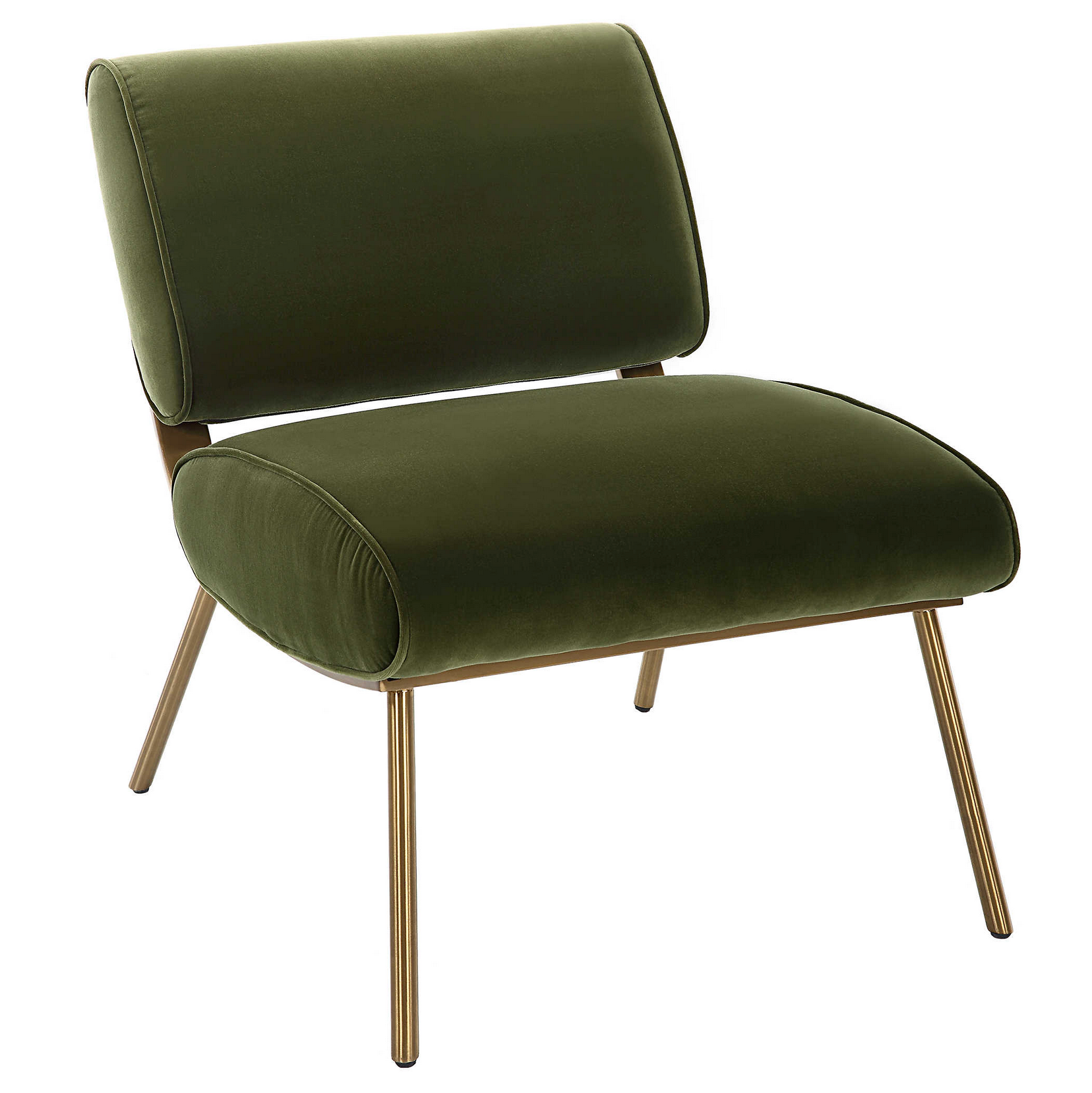 Bold mid-century style is elevated with the dramatic back of the Knoll Accent Chair. Crafted from stainless steel in brushed brass with button accents. Upholstered in a smooth olive green polyester velvet. Fabric is 100% polyester.