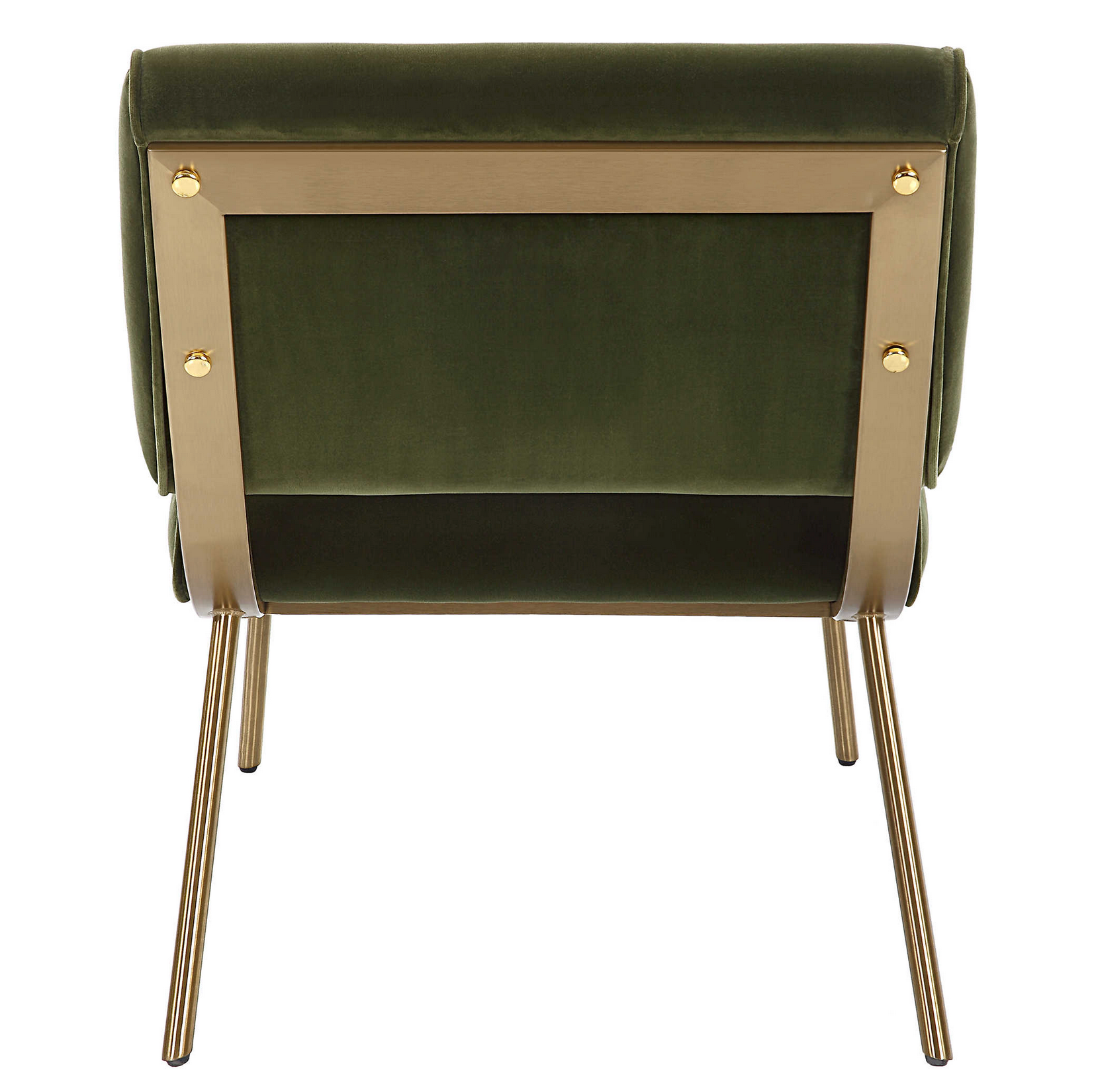 Bold mid-century style is elevated with the dramatic back of the Knoll Accent Chair. Crafted from stainless steel in brushed brass with button accents. Upholstered in a smooth olive green polyester velvet. Fabric is 100% polyester.