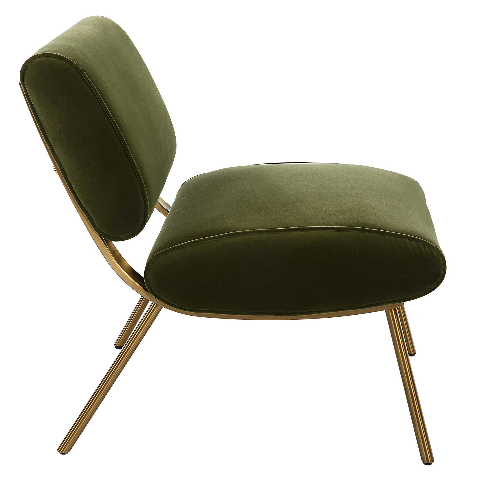 Bold mid-century style is elevated with the dramatic back of the Knoll Accent Chair. Crafted from stainless steel in brushed brass with button accents. Upholstered in a smooth olive green polyester velvet. Fabric is 100% polyester.