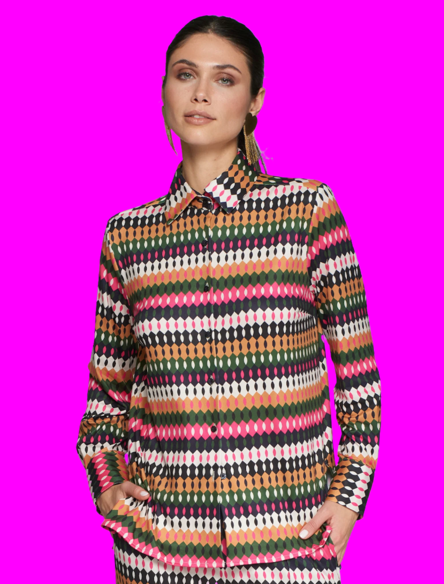 Mariela Printed Stripe Geometric Pattern Long Sleeve Blouse