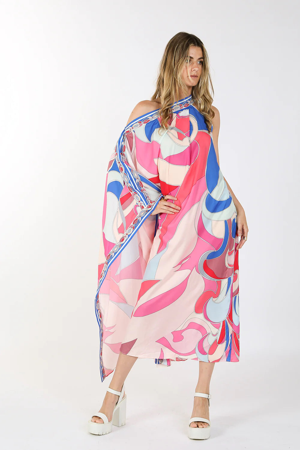 Multi Printed One Off Shoulder Long Dress